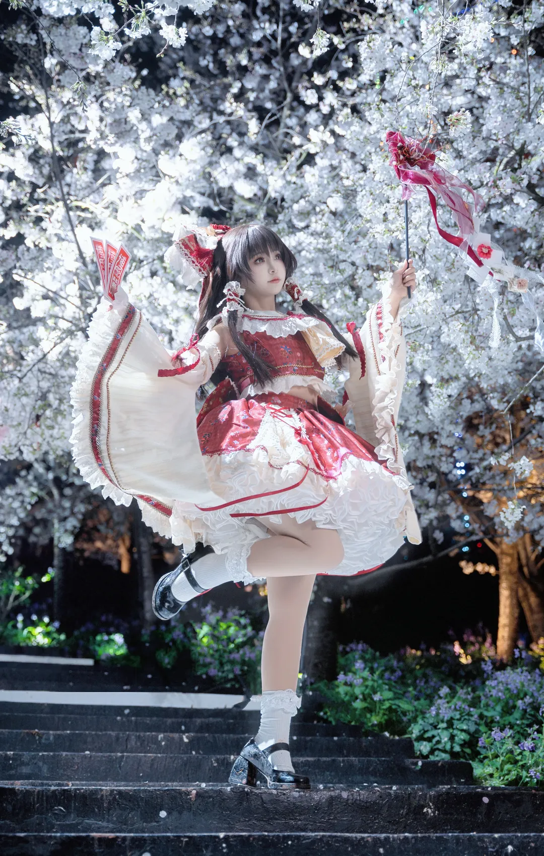 Reimu Hakurei Cosplay, Touhou Project, Night cherry blossom photography, Wa-lolita, White tights cosplay