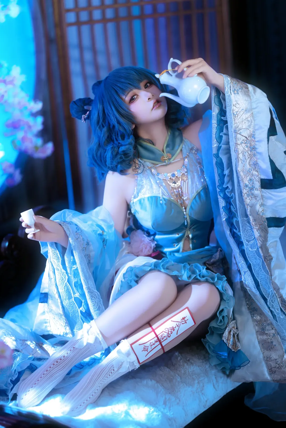 东方project, 霍青娥cos, 蓝发cosplay, 白丝袜cos, 东方二设cos