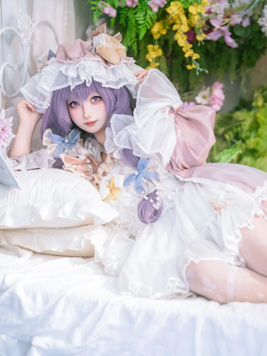 Touhou Project, Patchouli cosplay, Purple wig, Lolita outfit, White lace stockings - Image 1
