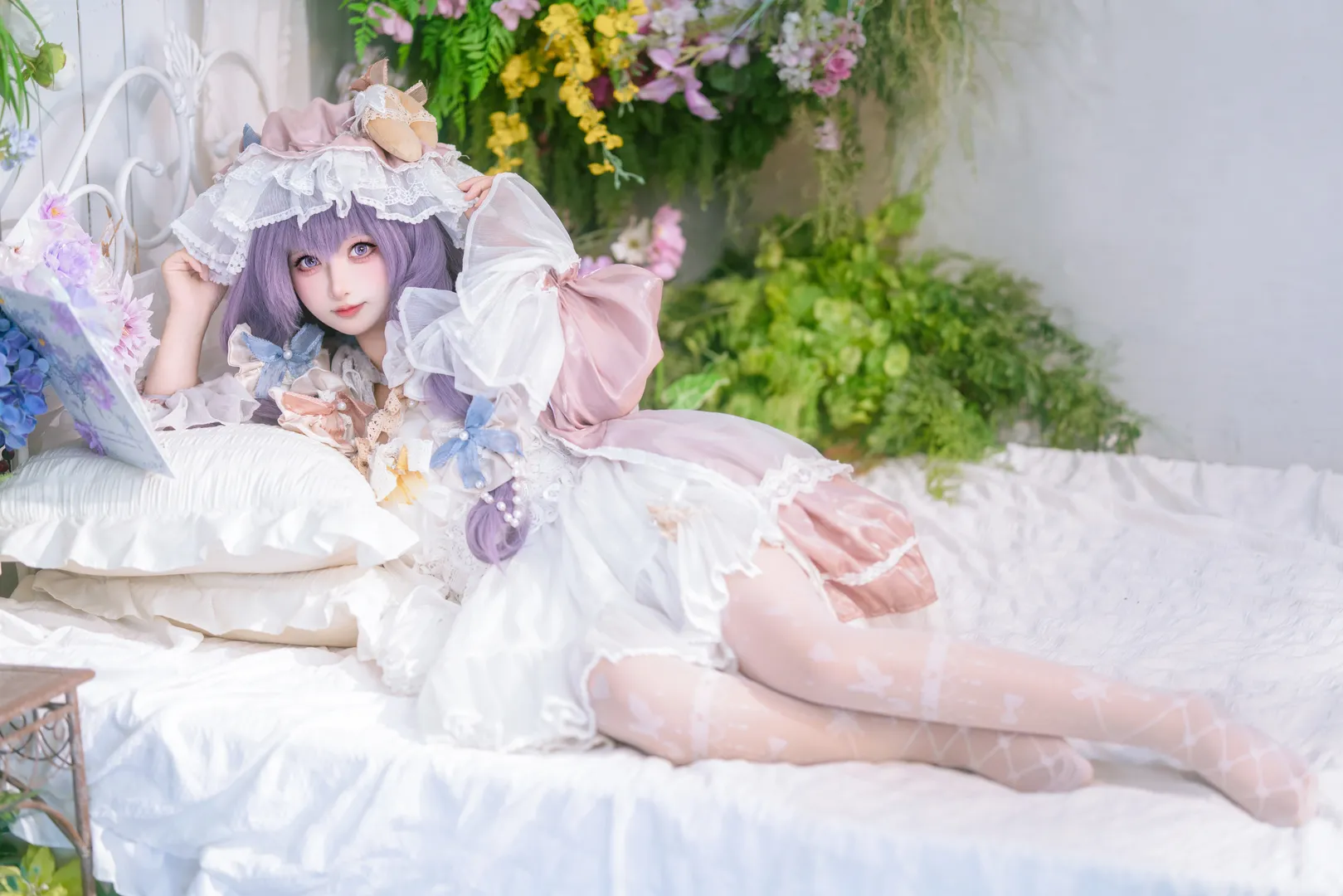 Touhou Project, Patchouli cosplay, Purple wig, Lolita outfit, White lace stockings - Image 2