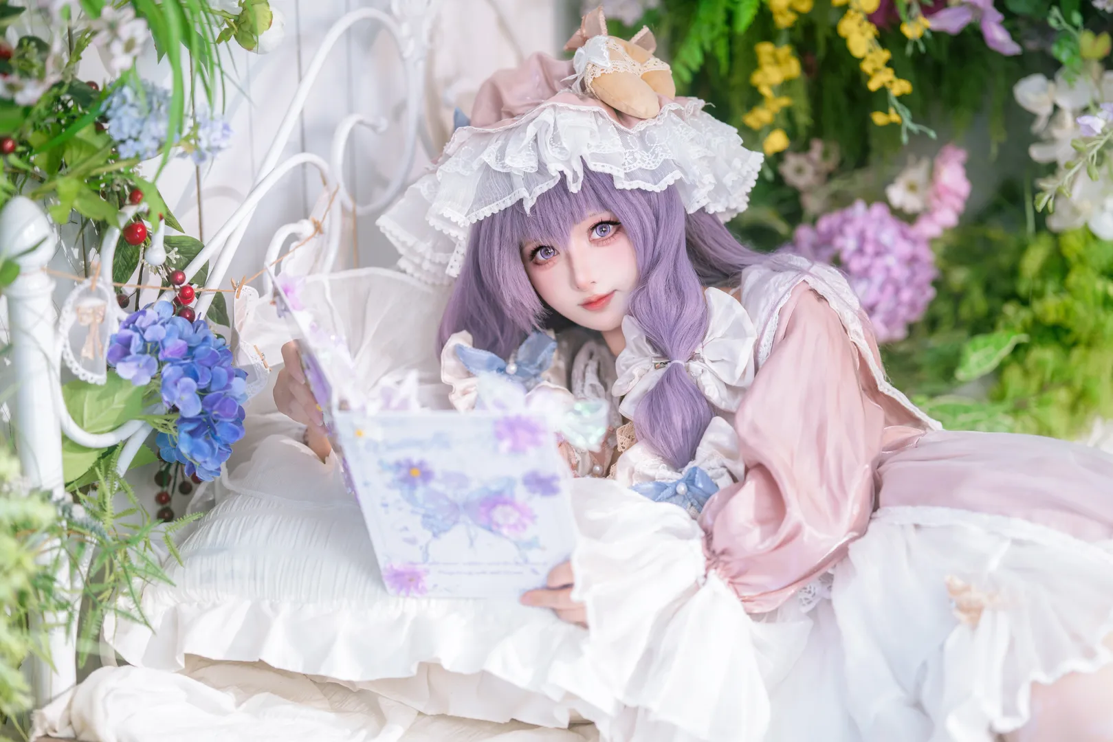Touhou Project, Patchouli cosplay, Purple wig, Lolita outfit, White lace stockings - Image 3