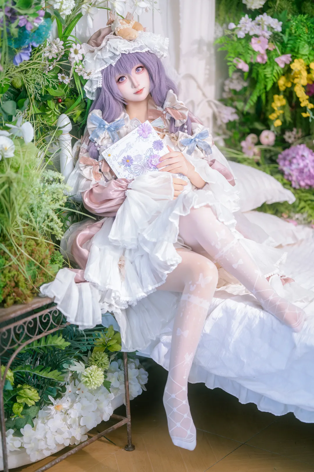 Touhou Project, Patchouli cosplay, Purple wig, Lolita outfit, White lace stockings - Image 5
