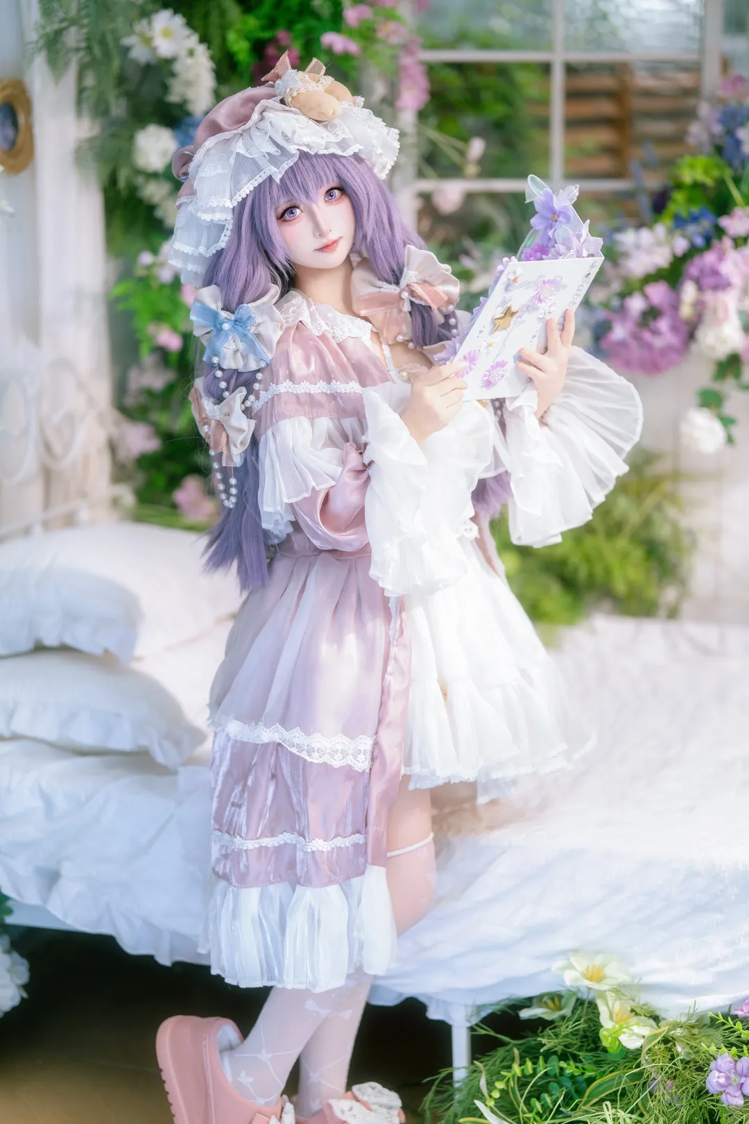 Touhou Project, Patchouli cosplay, Purple wig, Lolita outfit, White lace stockings - Image 6