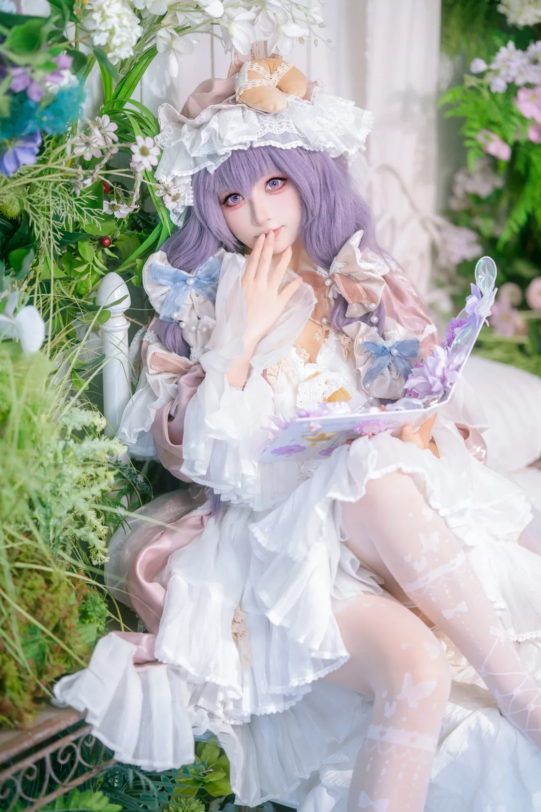 Touhou Project, Patchouli cosplay, Purple wig, Lolita outfit, White lace stockings - Image 7