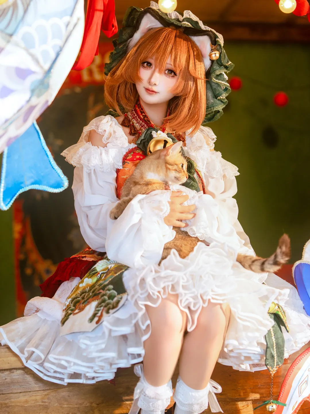 东方project, cosplay摄影, 白丝穿搭, 橙喵cos, 猫咪互动