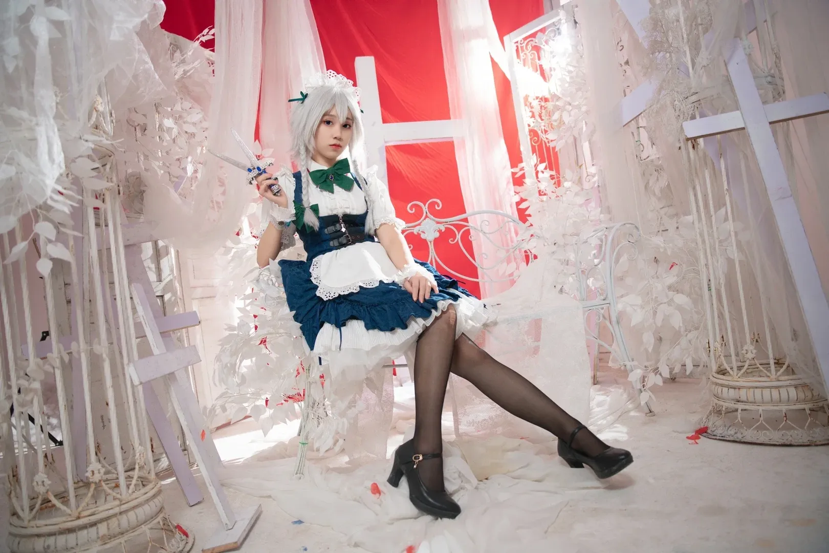 东方project, 红魔馆, 女仆装, 十六夜咲夜cos, 黑丝 - 第2张