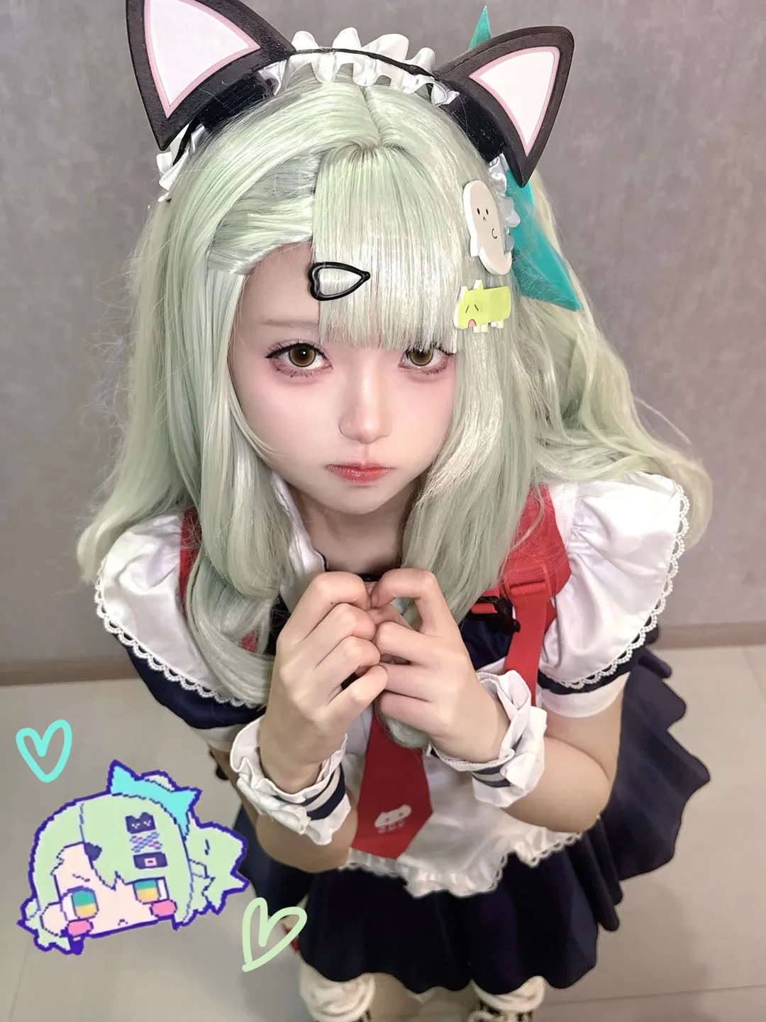 ゼンレスゾーンゼロ, 二次元撮影, 千夏レミエル コスプレ, 猫耳メイド, ミントグリーンウィッグ - 1枚目