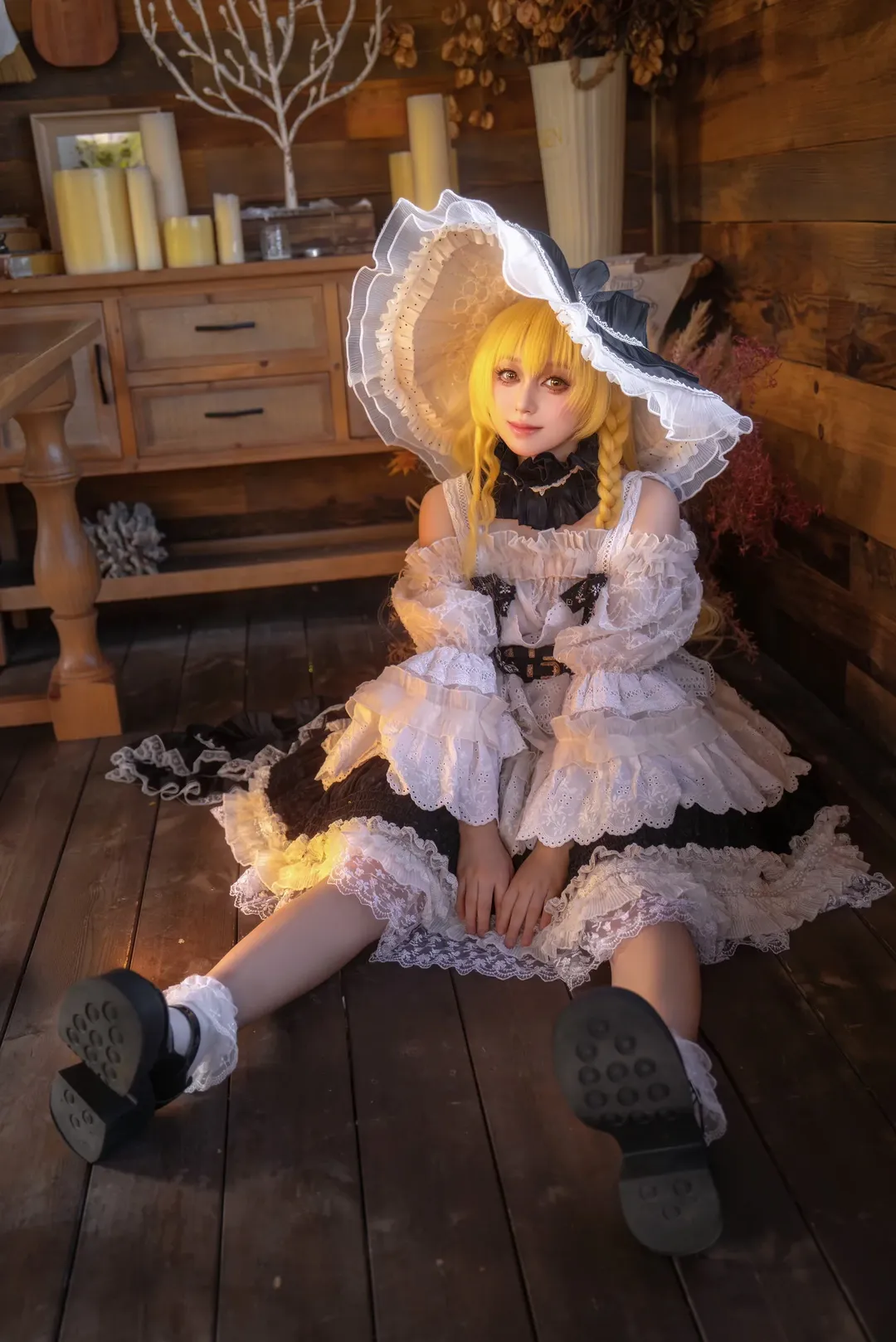 東方project, 霧雨魔理沙cos, 金髮雙馬尾, 黑絲cos, 復古木屋攝影