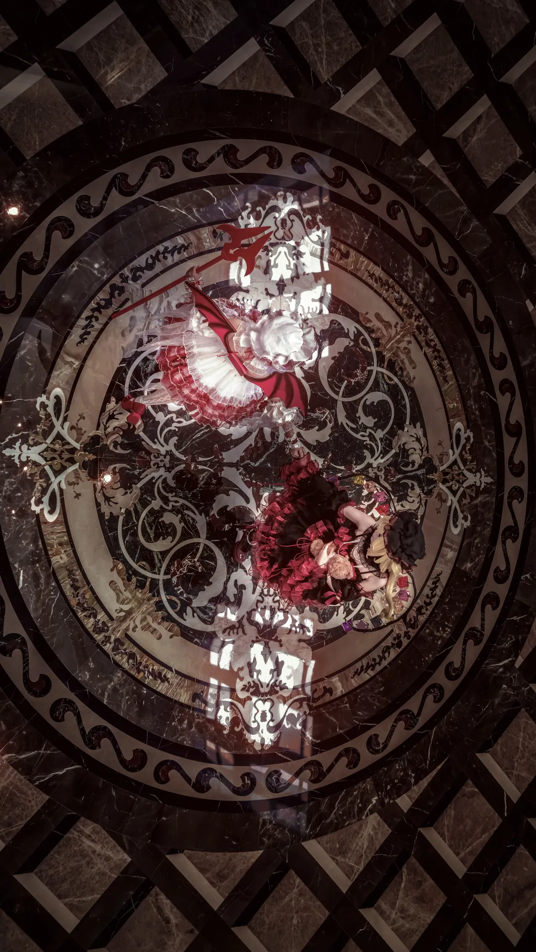 Duo Cosplay, Touhou Project cosplay, Overhead photography, Gorgeous Lolita, Reflective marble floor