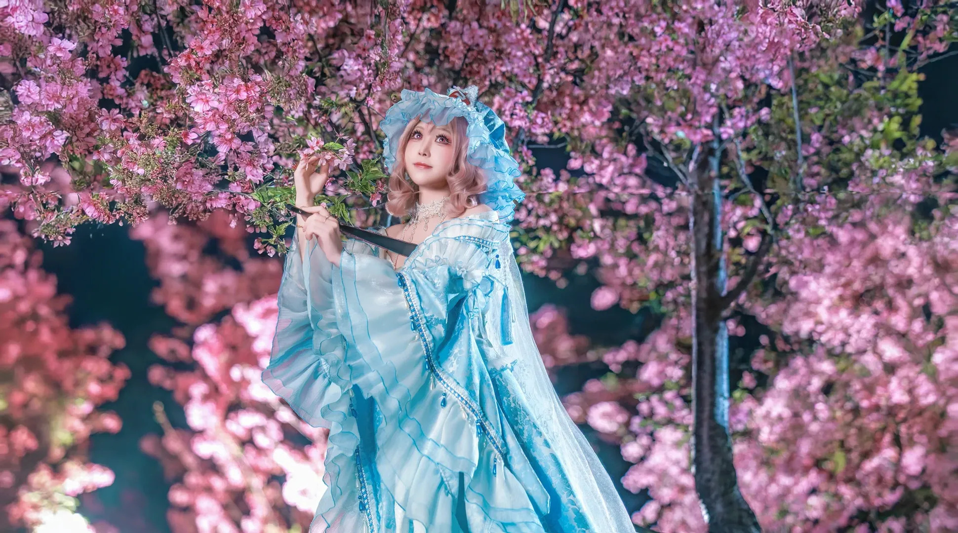 二次元, cosplay, 东方project, 西行寺幽幽子cos, 夜樱 - 第5张