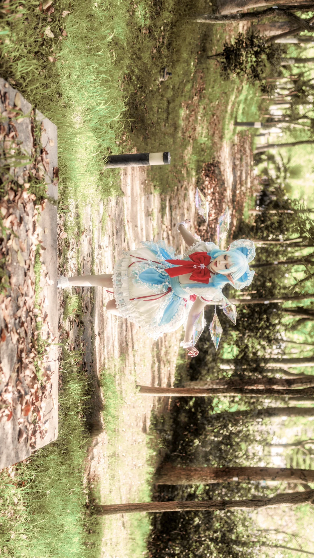 Touhou Project, Elf ears, Cirno cosplay, Forest exterior, White stockings - Image 1