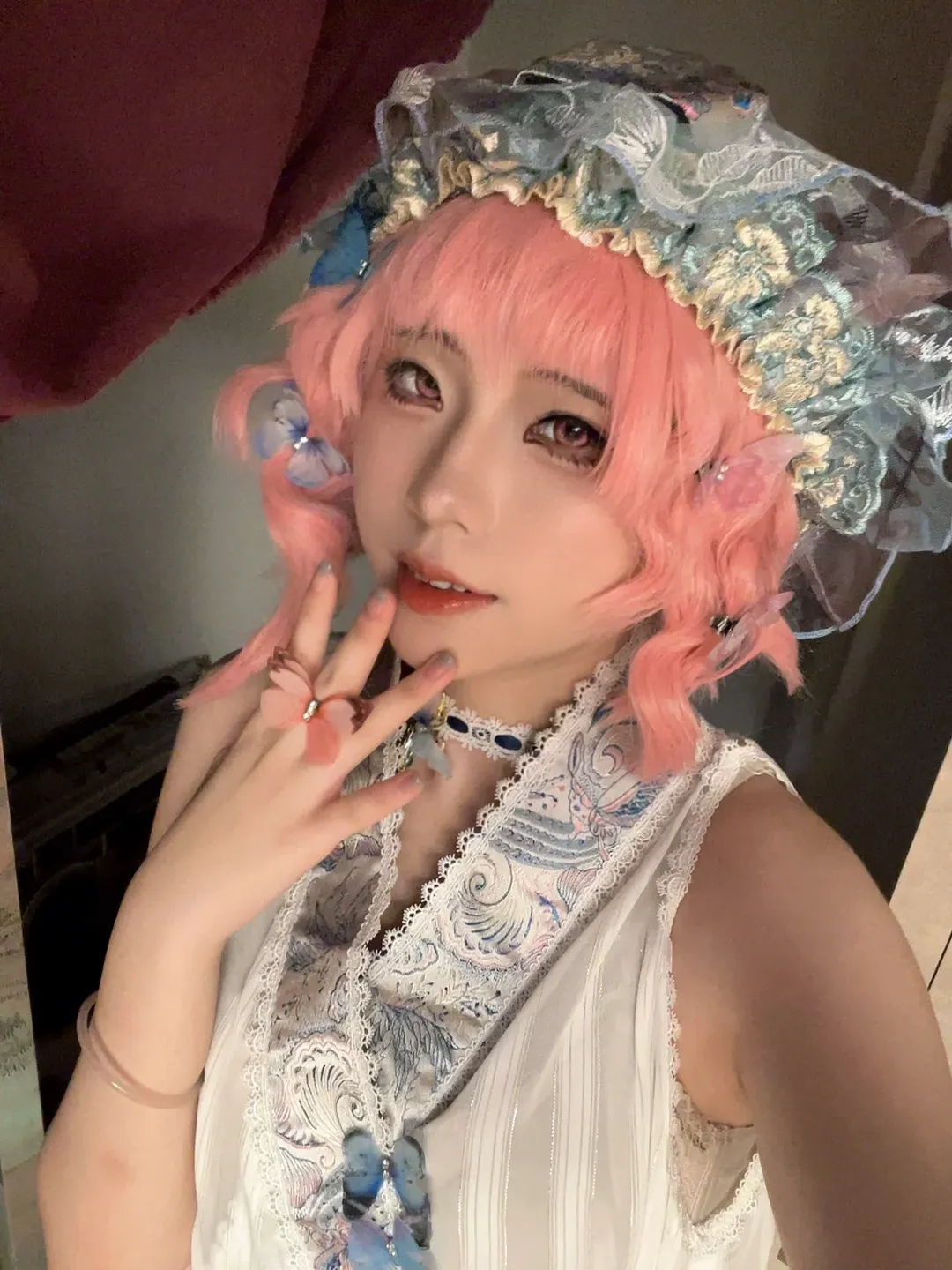 Touhou Project, Saigyouji Yuyuko cosplay, Cosplay photography, Anime-style fashion, Selfie sharing