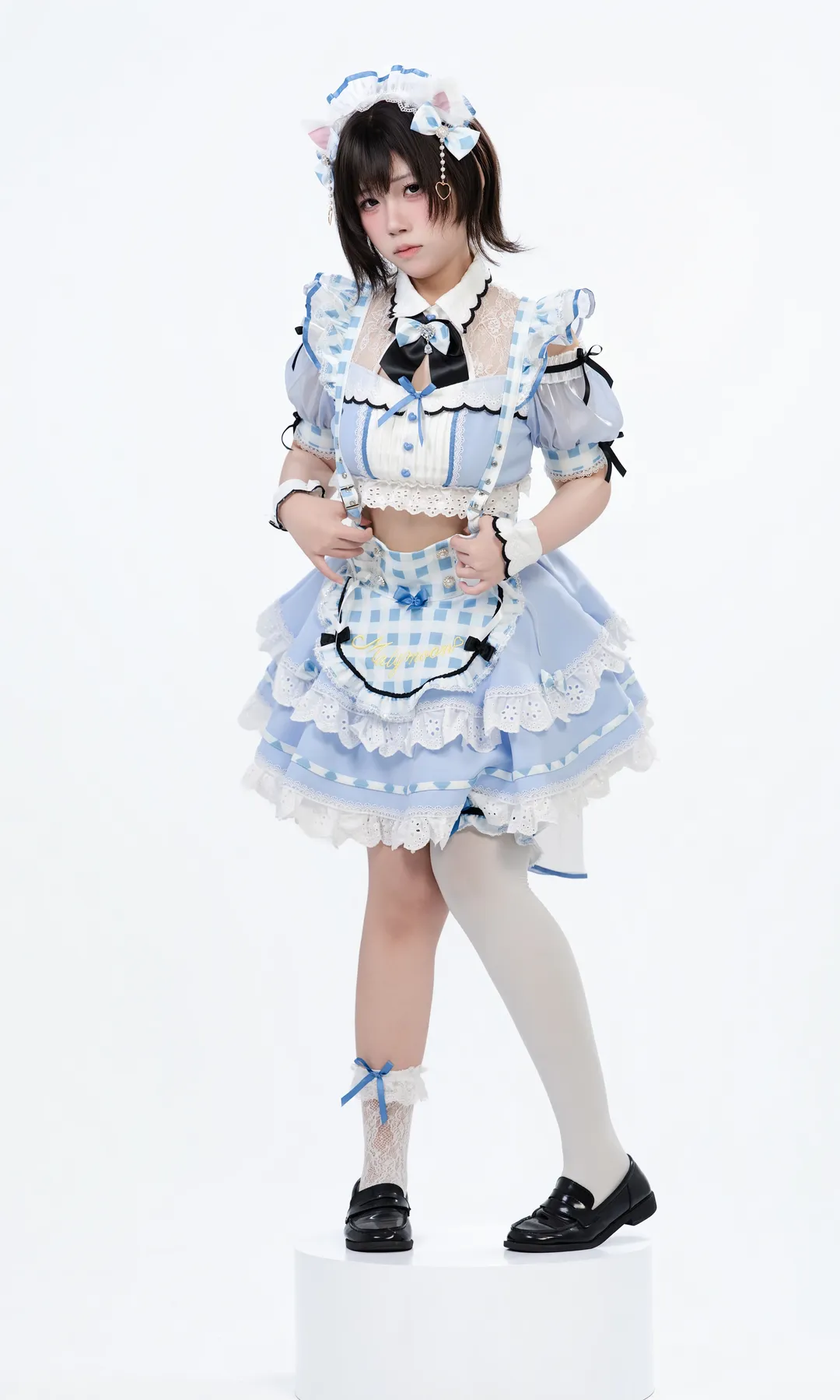 Maid outfit, Moe anime girl, White thigh-highs outfit, Blue and white color scheme, White background photography
