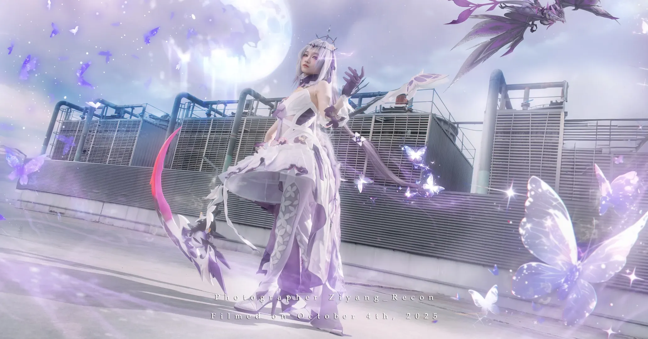 Honkai: Star Rail, Castorice cosplay, Scythe prop, White pantyhose, Industrial style event photoshoot