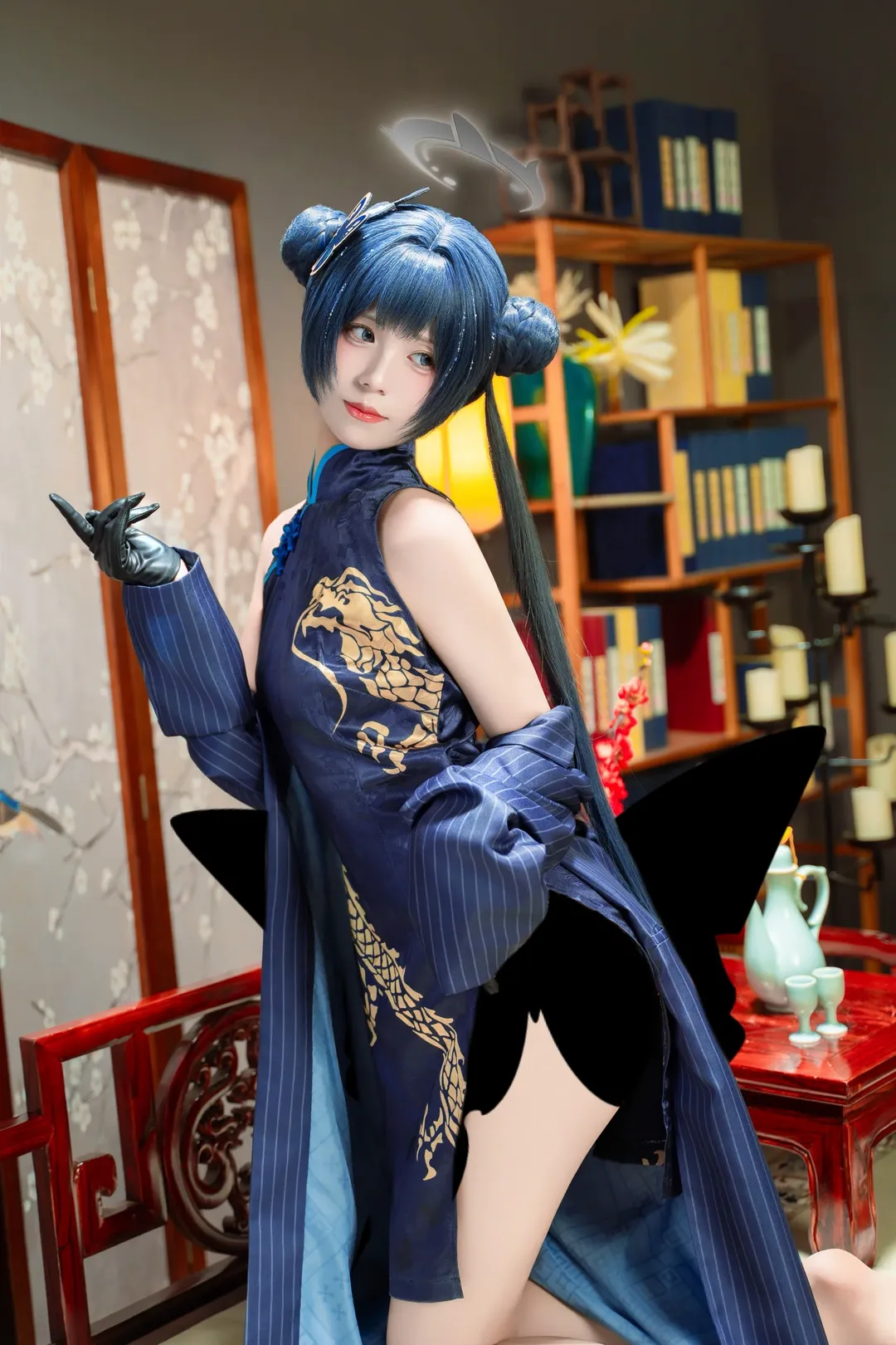 cosplay, 蔚蓝档案, 龙华妃咲cos, 蓝发双丸子头, 中式改良旗袍 - 第1张