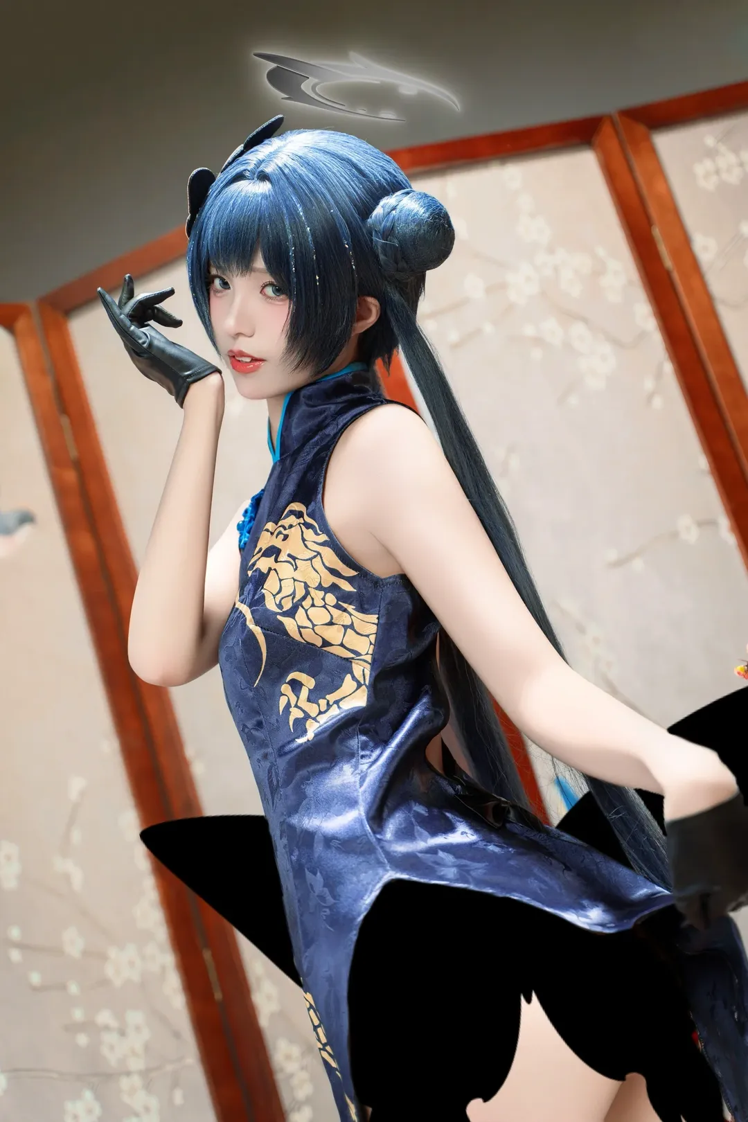 cosplay, 蔚蓝档案, 龙华妃咲cos, 蓝发双丸子头, 中式改良旗袍