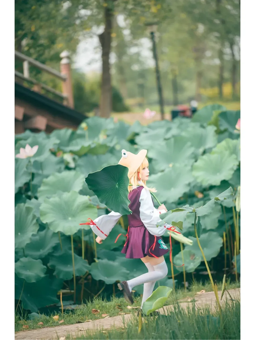 二次元撮影, 東方Project, 白タイツコスプレ, ケロちゃんコスプレ, 蓮の葉の屋外撮影 - 7枚目