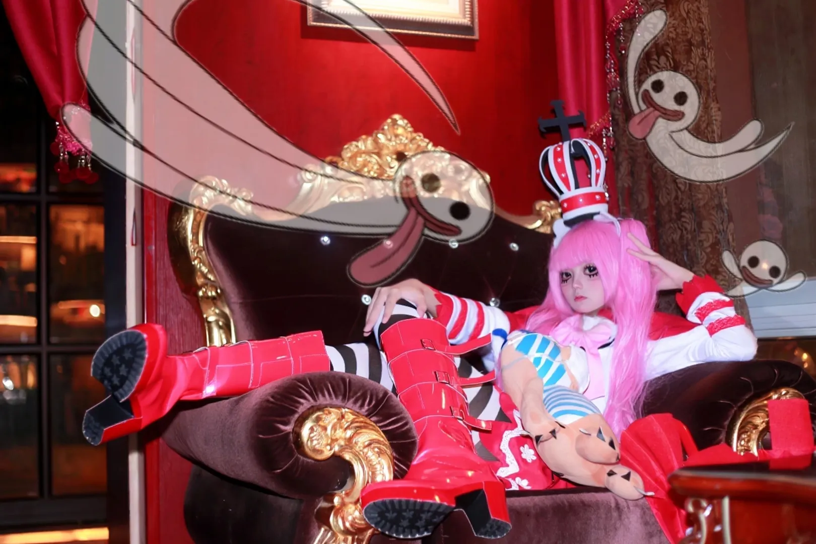 粉色假发, 海贼王, cosplay作品, 佩罗娜cos, 条纹袜穿搭 - 第1张