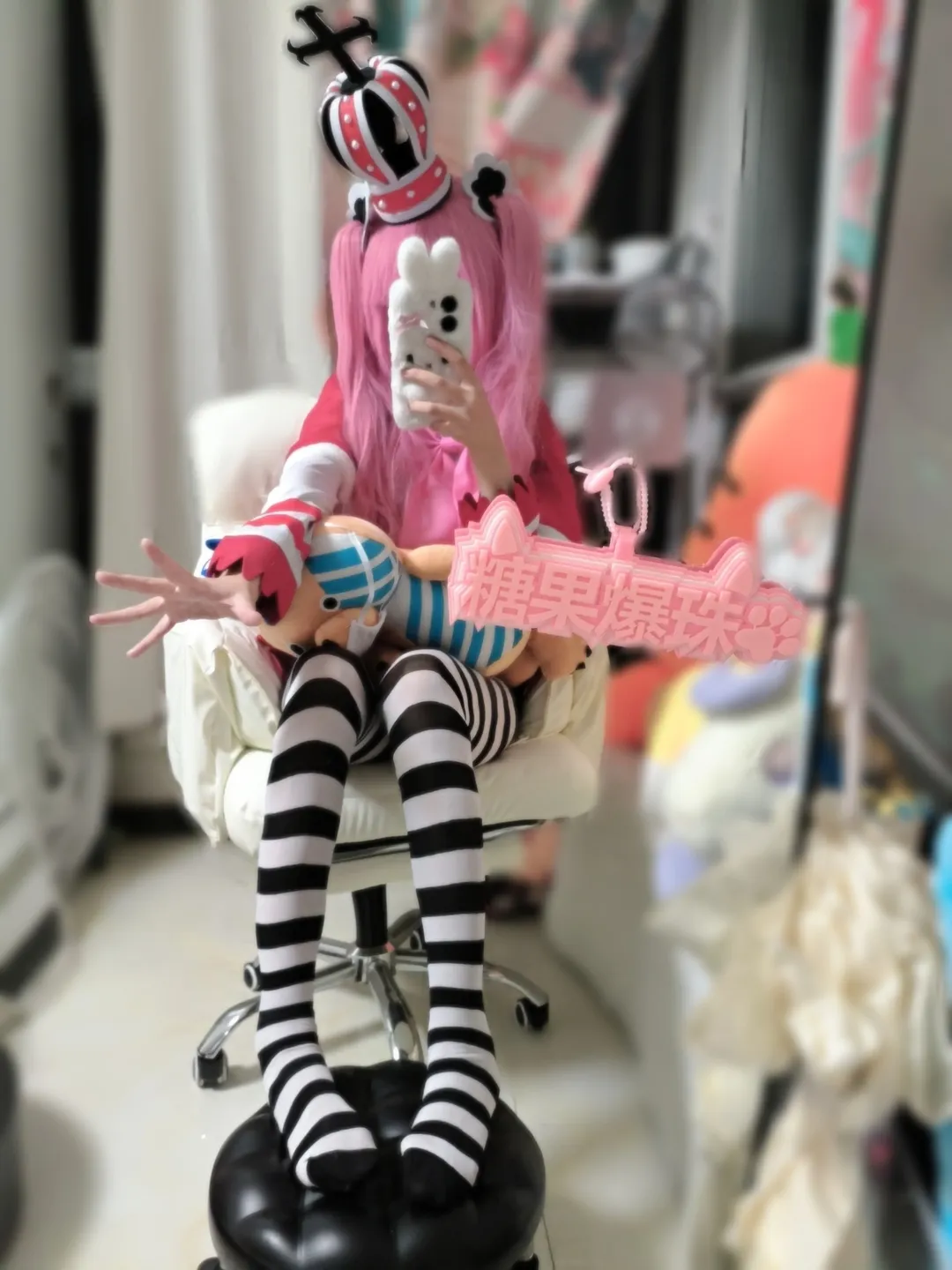 对镜自拍, 海贼王, 佩罗娜cos, 幽灵公主, 条纹丝袜