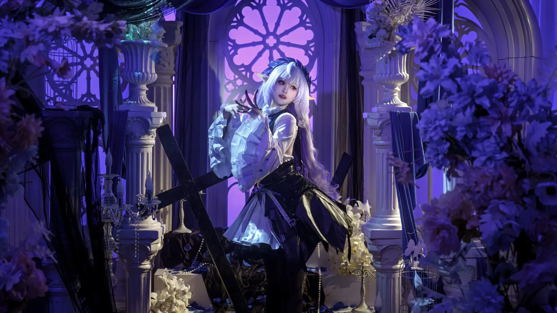 绝区零, 薇薇安cos, 哥特风cosplay, 精灵耳cos, 蓝紫暗调写真