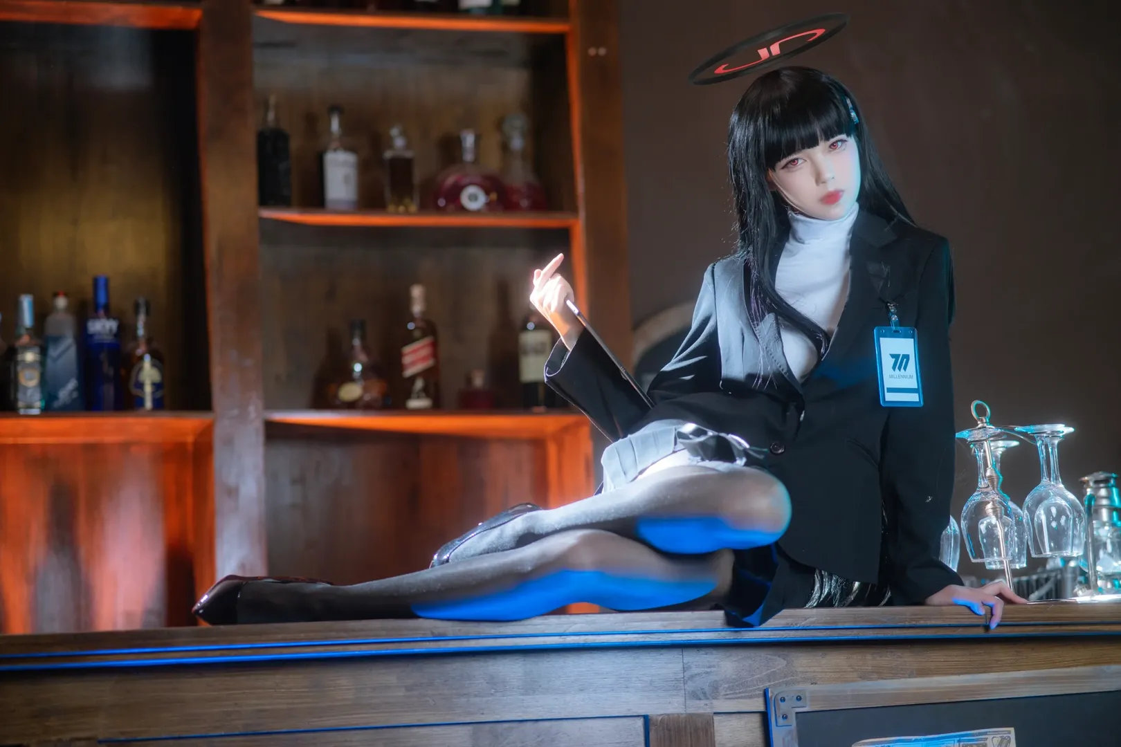 Blue Archive, Black tights outfit, Tsukatsuki Rio cosplay, Suit uniform, Y2K vibe