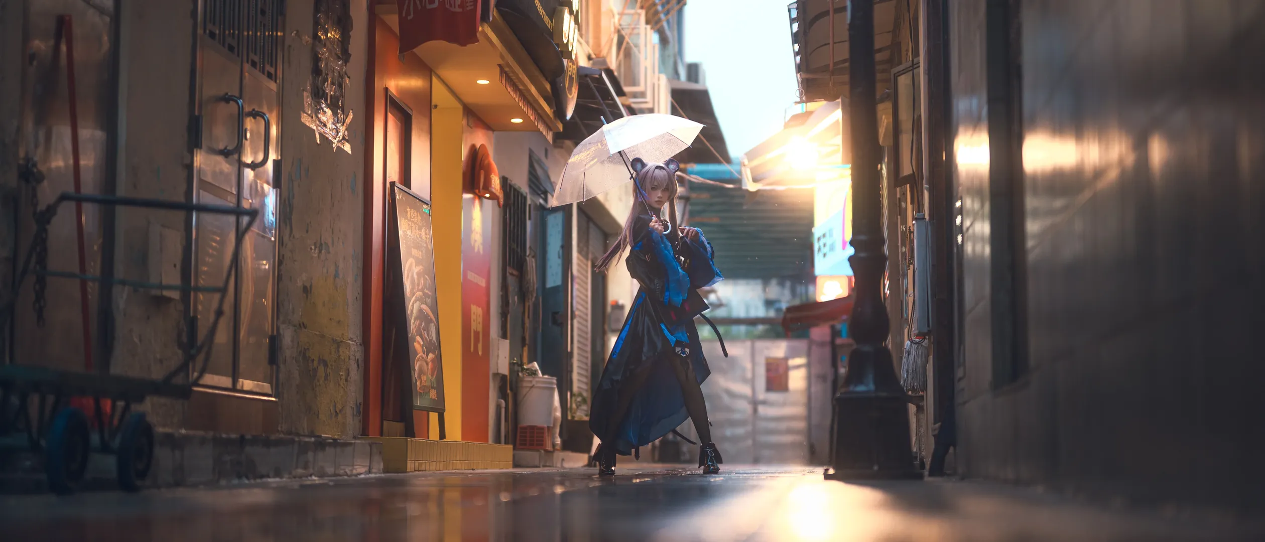 明日方舟, cosplay摄影, 黑丝穿搭, 林雨霞cos, 雨夜氛围