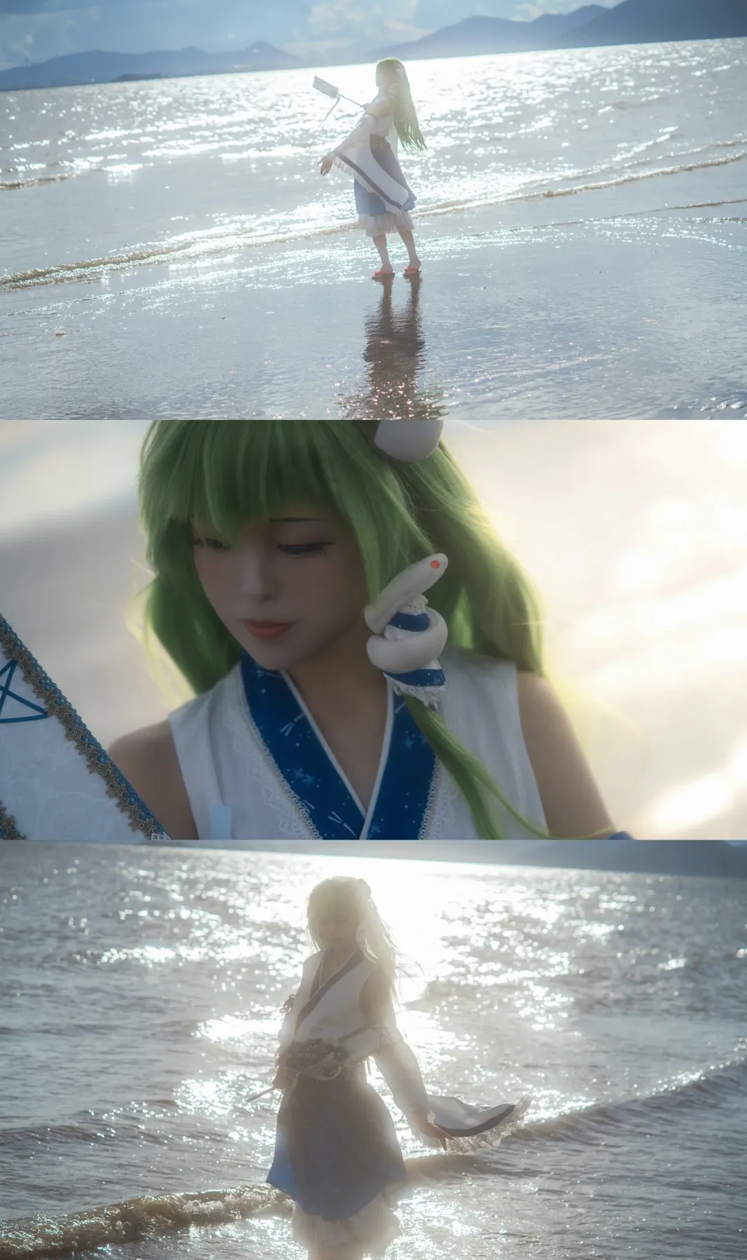 东方project, 东风谷早苗cos, 逆光人像, 海边cos, 绿发巫女 - 第1张