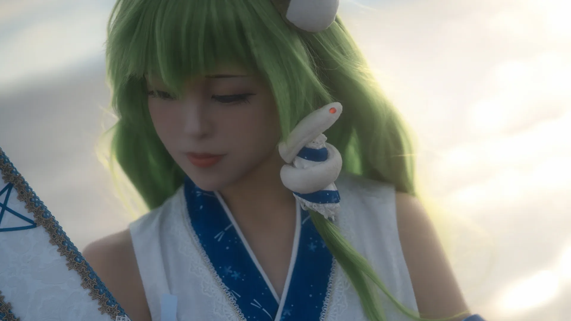 东方project, 东风谷早苗cos, 逆光人像, 海边cos, 绿发巫女 - 第3张