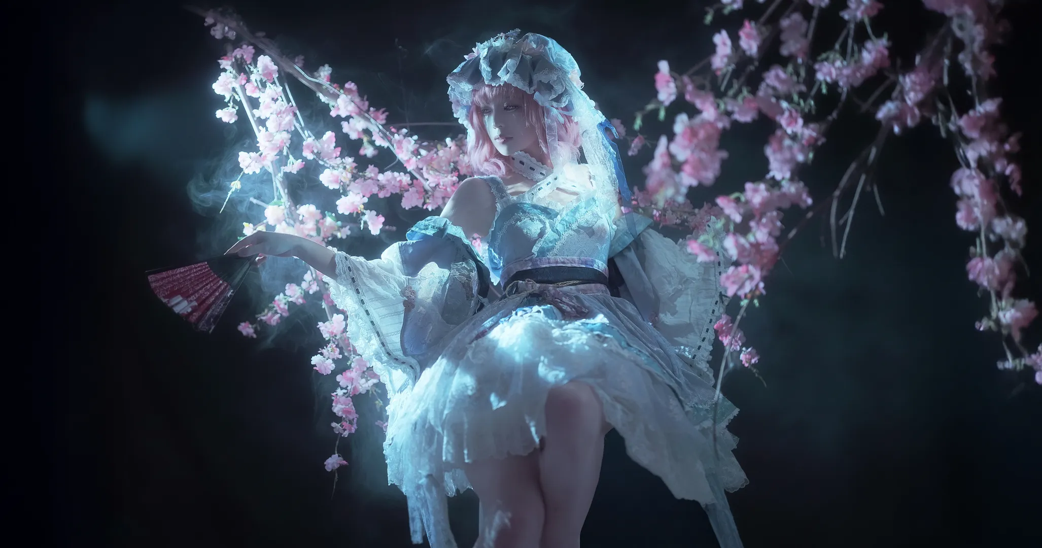 东方Project, 西行寺幽幽子cos, 夜樱, 冷色调光影, 亡灵感摄影