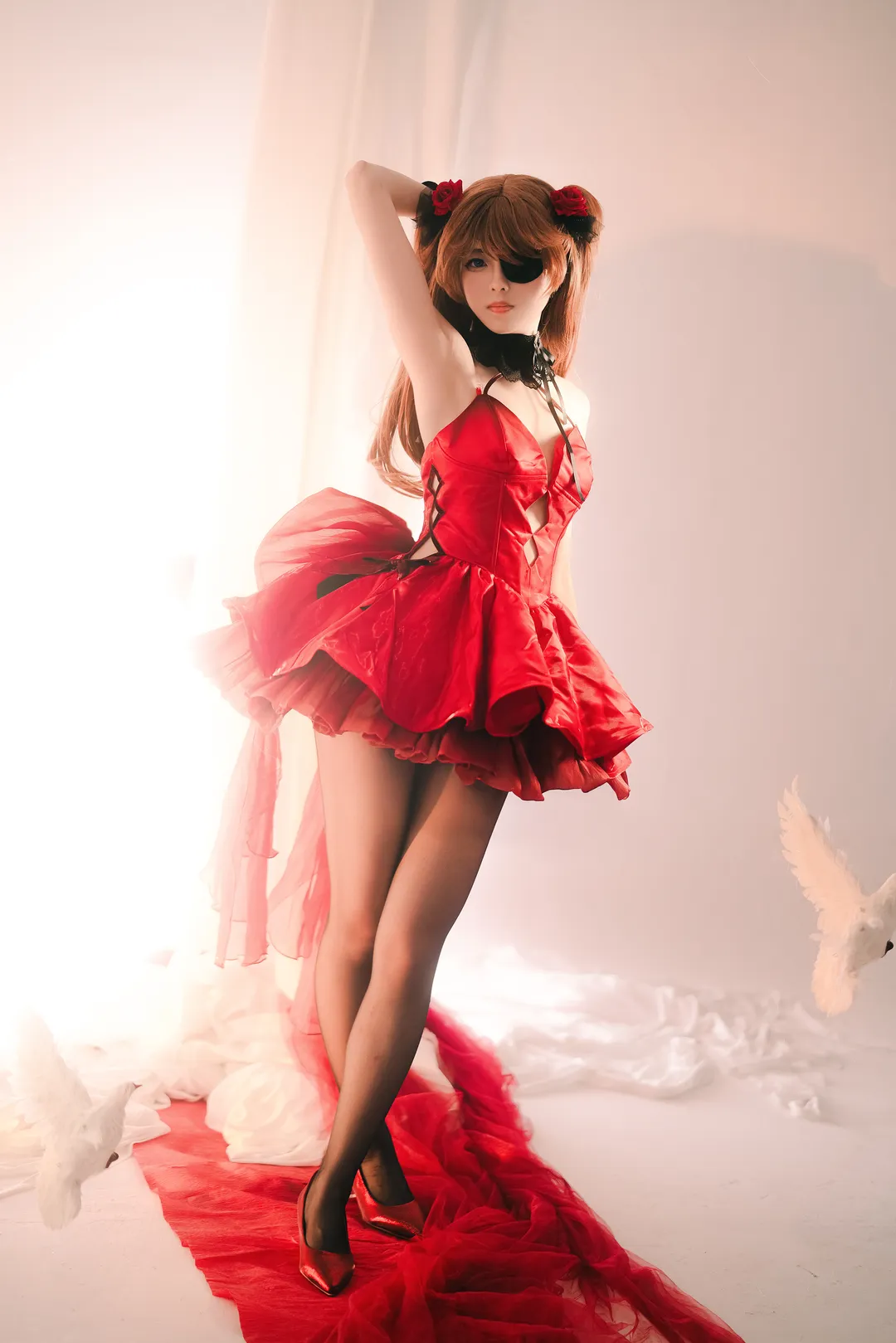 明日香cos, 新世纪福音战士, cosplay摄影, 妮姬胜利女神, 红裙黑丝搭配