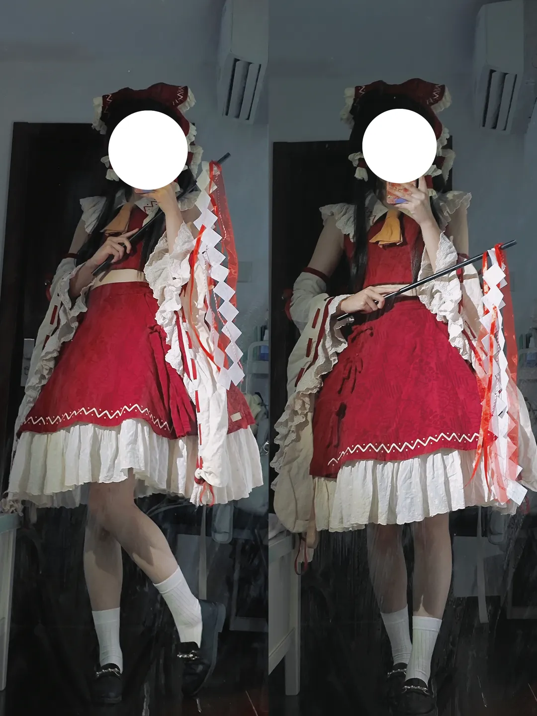 博丽灵梦cos, 东方project, 对镜自拍, 巫女服, 白丝cos