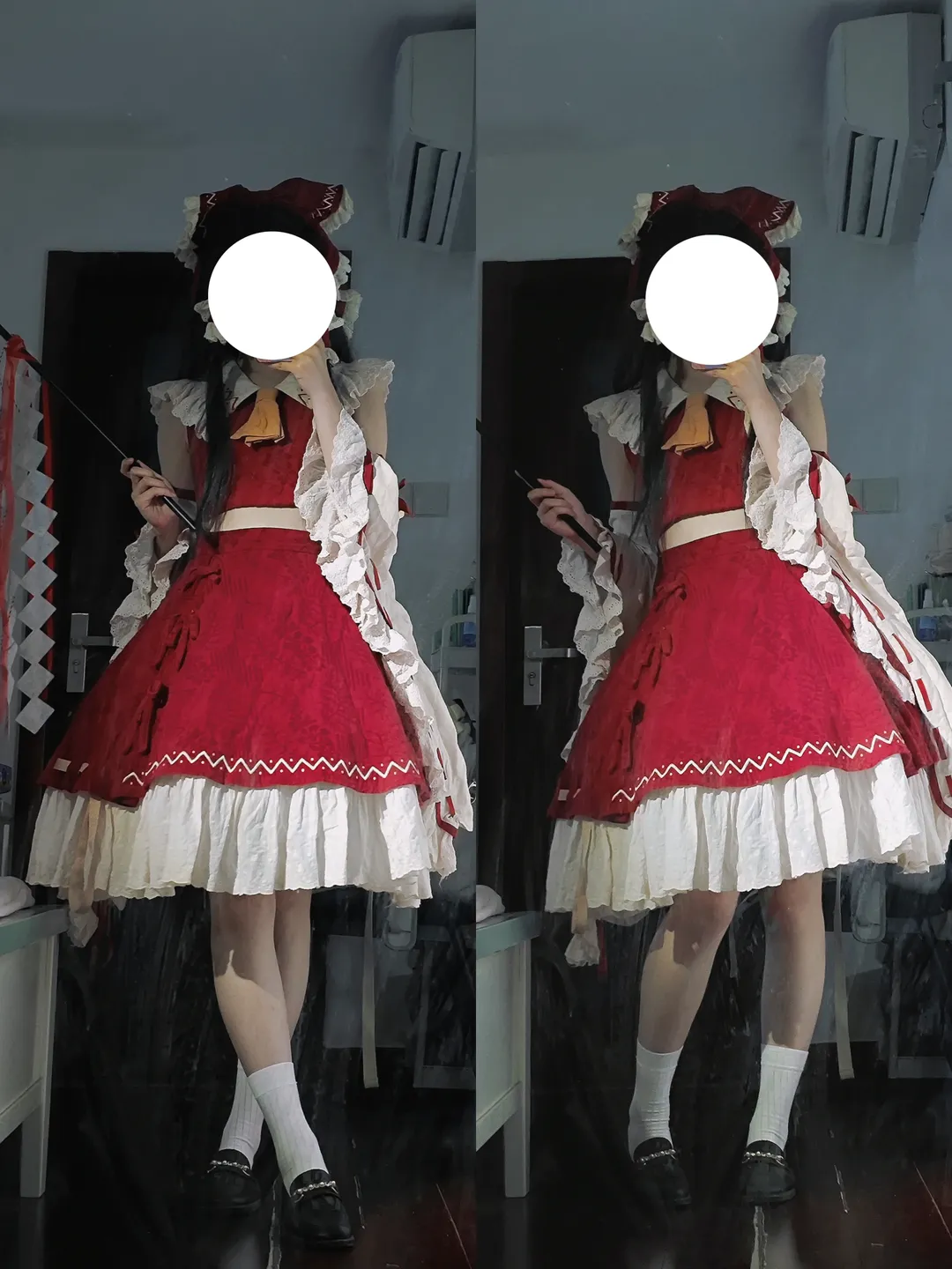 博丽灵梦cos, 东方project, 对镜自拍, 巫女服, 白丝cos - 第2张