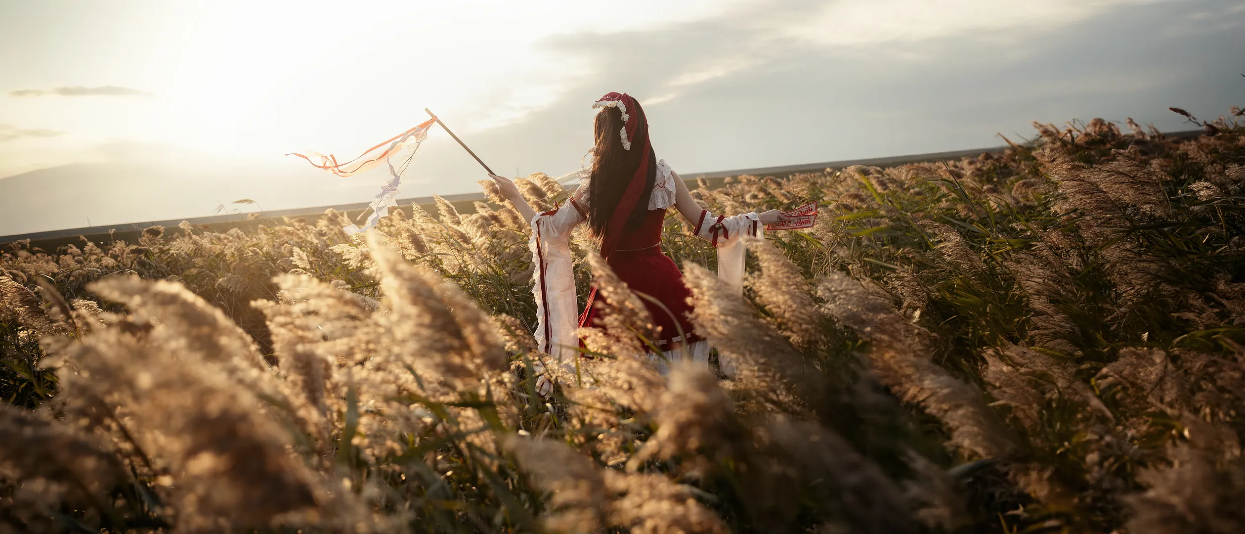 博丽灵梦cos, 东方project, 巫女服, 逆光人像, 芒草