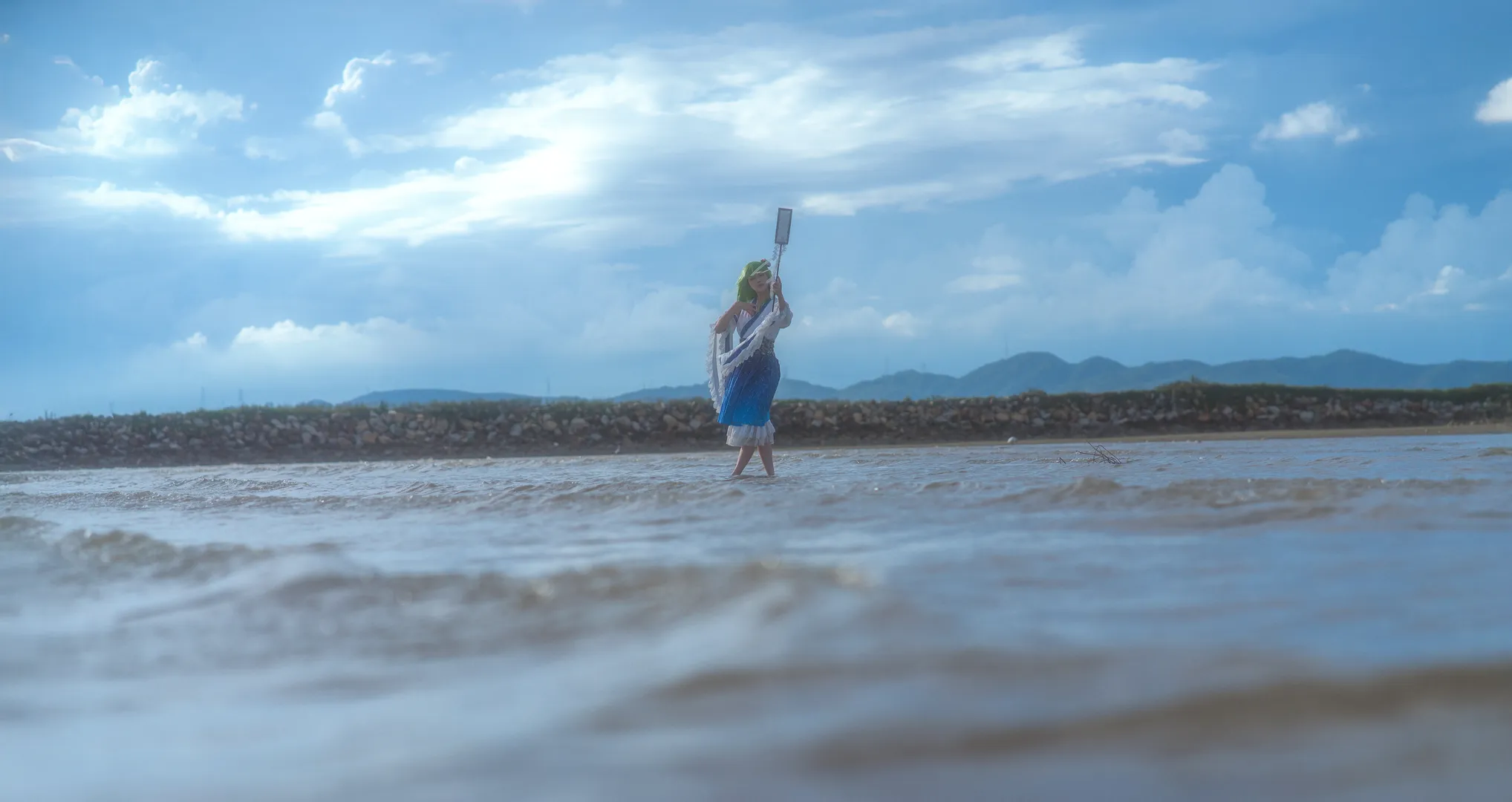 Anime girl, Touhou Project, Kochiya Sanae Cosplay, Waterscape photography, Beach cosplay