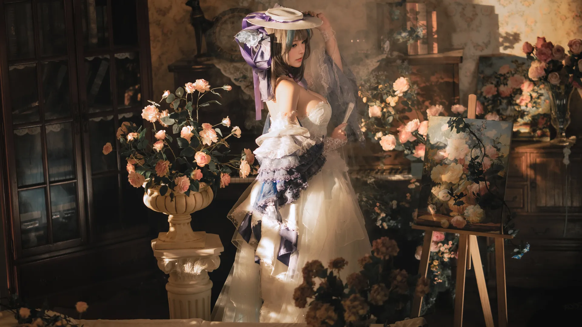 チェシャー コスプレ, アズールレーン, コスプレ撮影, レトロな油絵風, 幻想的なレースドレス