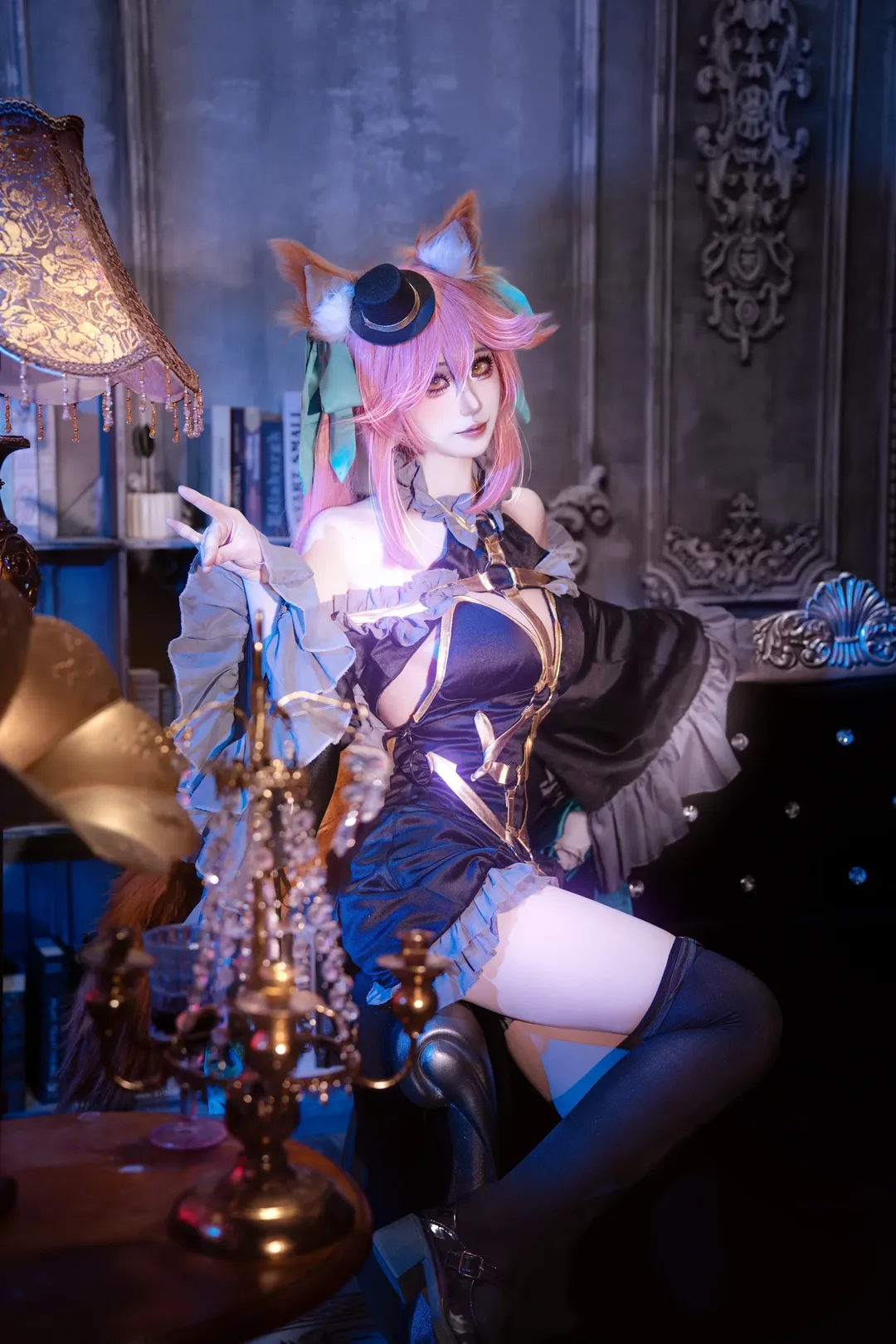 Fate/Grand Order, Black stockings, Kemonomimi girl, Tamamo no Mae cosplay, Jet Black Mage Garb