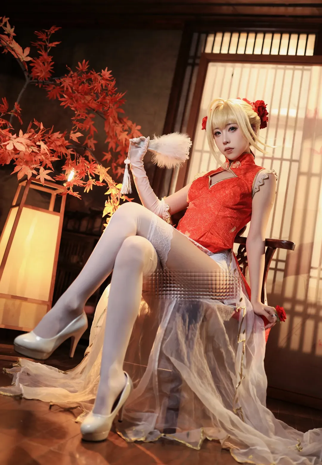 Fate/Grand Order, 二次元cosplay, 旗袍cos, 尼禄cos, 白色过膝袜