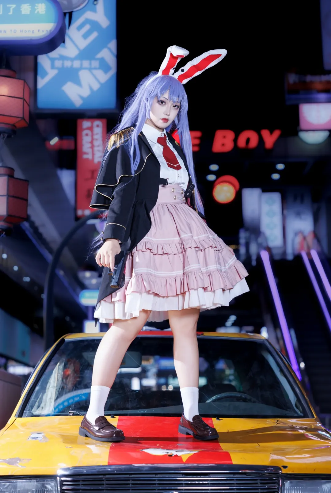 Touhou Project, Anime cosplay, Reisen Udongein Inaba cosplay, Military-style outfit, Neon night street photography