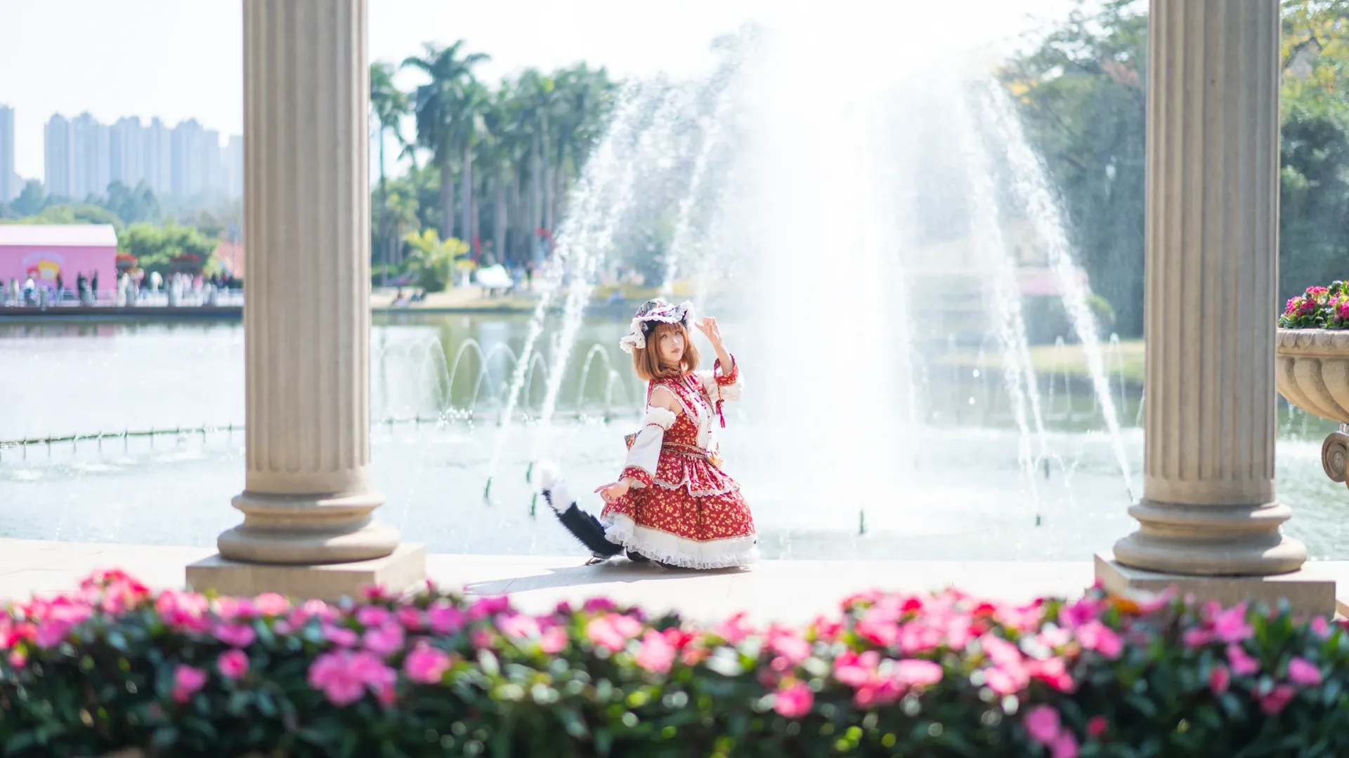 东方project, 猫娘, cosplay正片, 橙cos, 喷泉外景 - 第1张