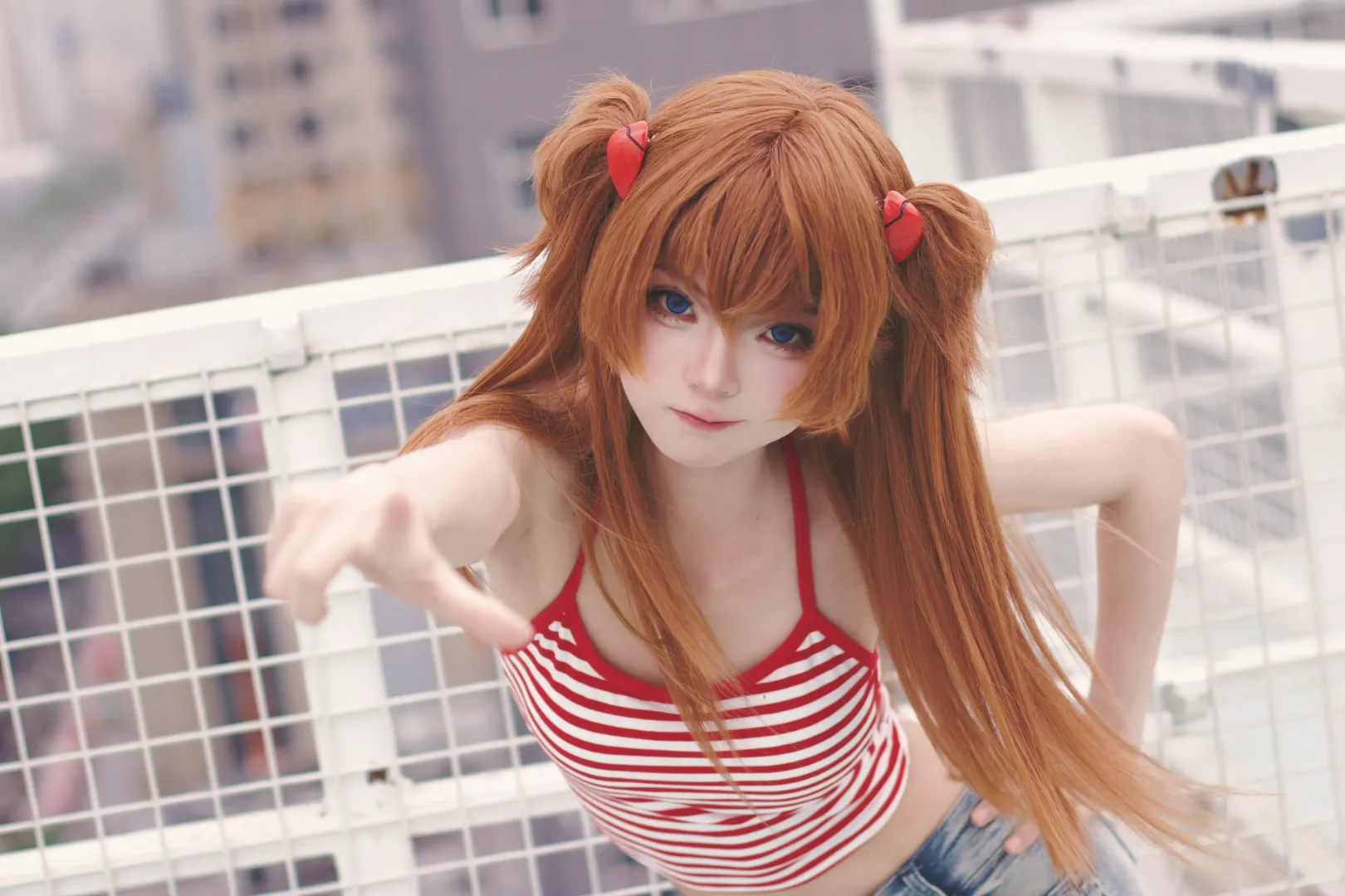 Neon Genesis Evangelion, Cosplay photoshoot, Rooftop exterior, Soryu Asuka cosplay, Red and white stripes