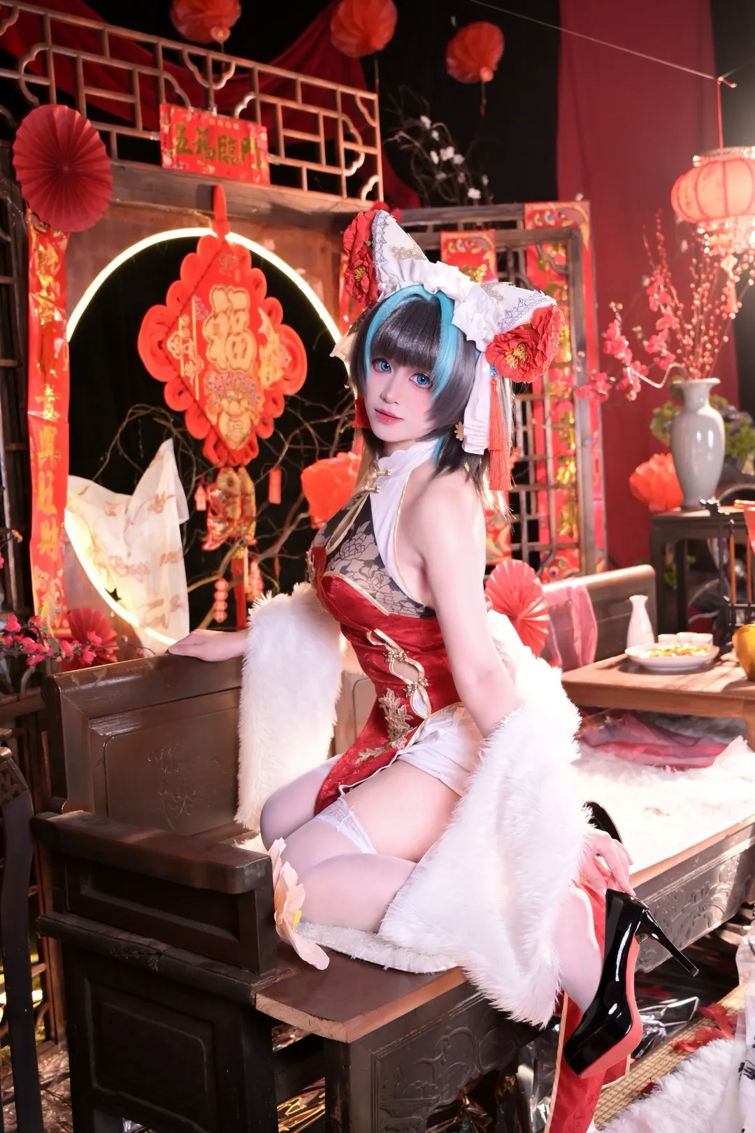 柴郡cos, 碧蓝航线, 白丝穿搭, 二次元写真, 新春旗袍 - 第2张