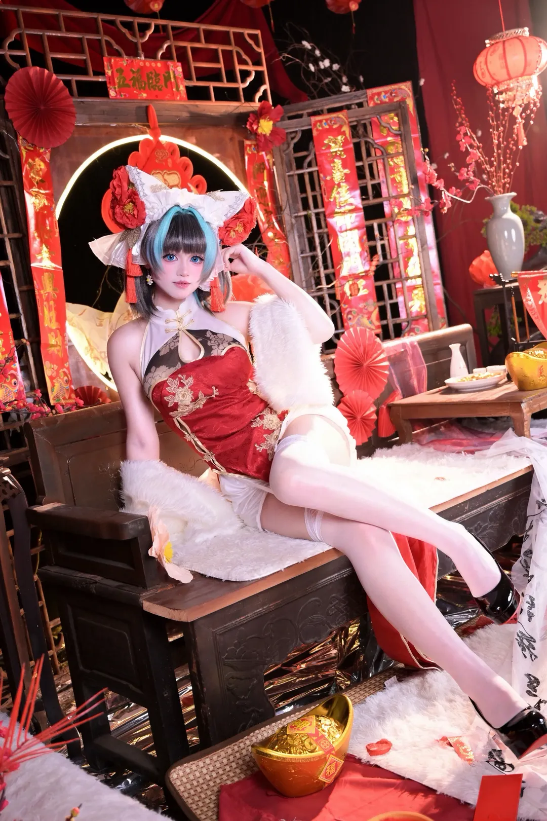 柴郡cos, 碧蓝航线, 白丝穿搭, 二次元写真, 新春旗袍 - 第3张