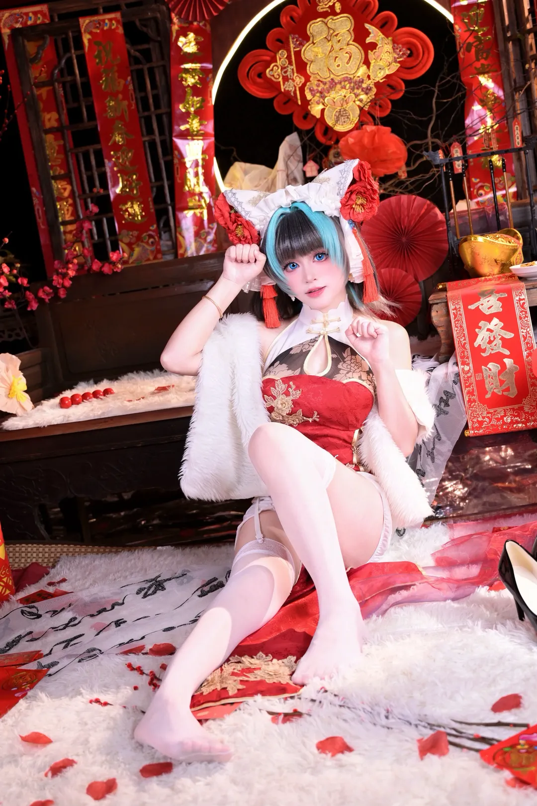 二次元摄影, 柴郡cos, 碧蓝航线, 白丝cosplay, 新春旗袍 - 第1张