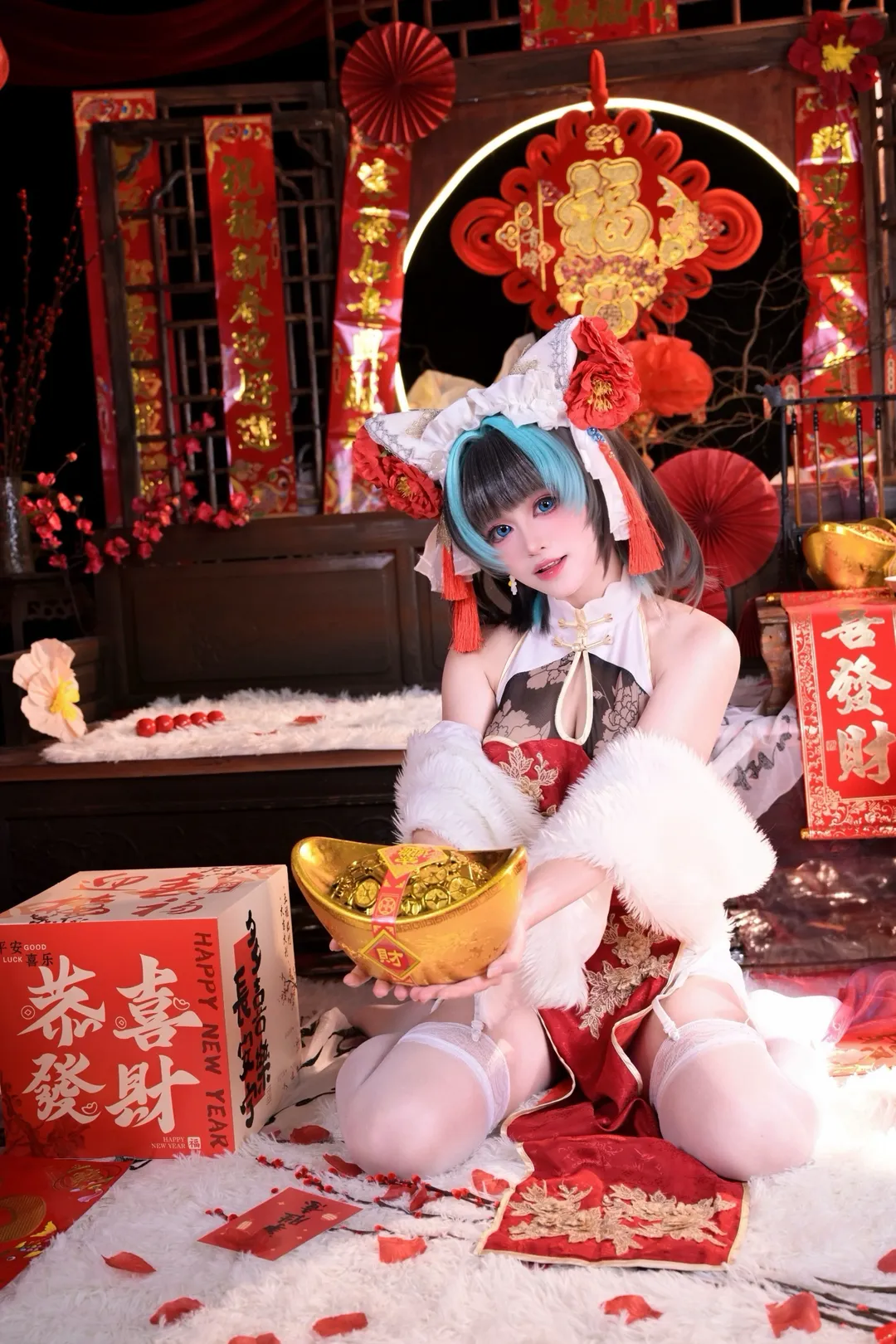 二次元摄影, 柴郡cos, 碧蓝航线, 白丝cosplay, 新春旗袍