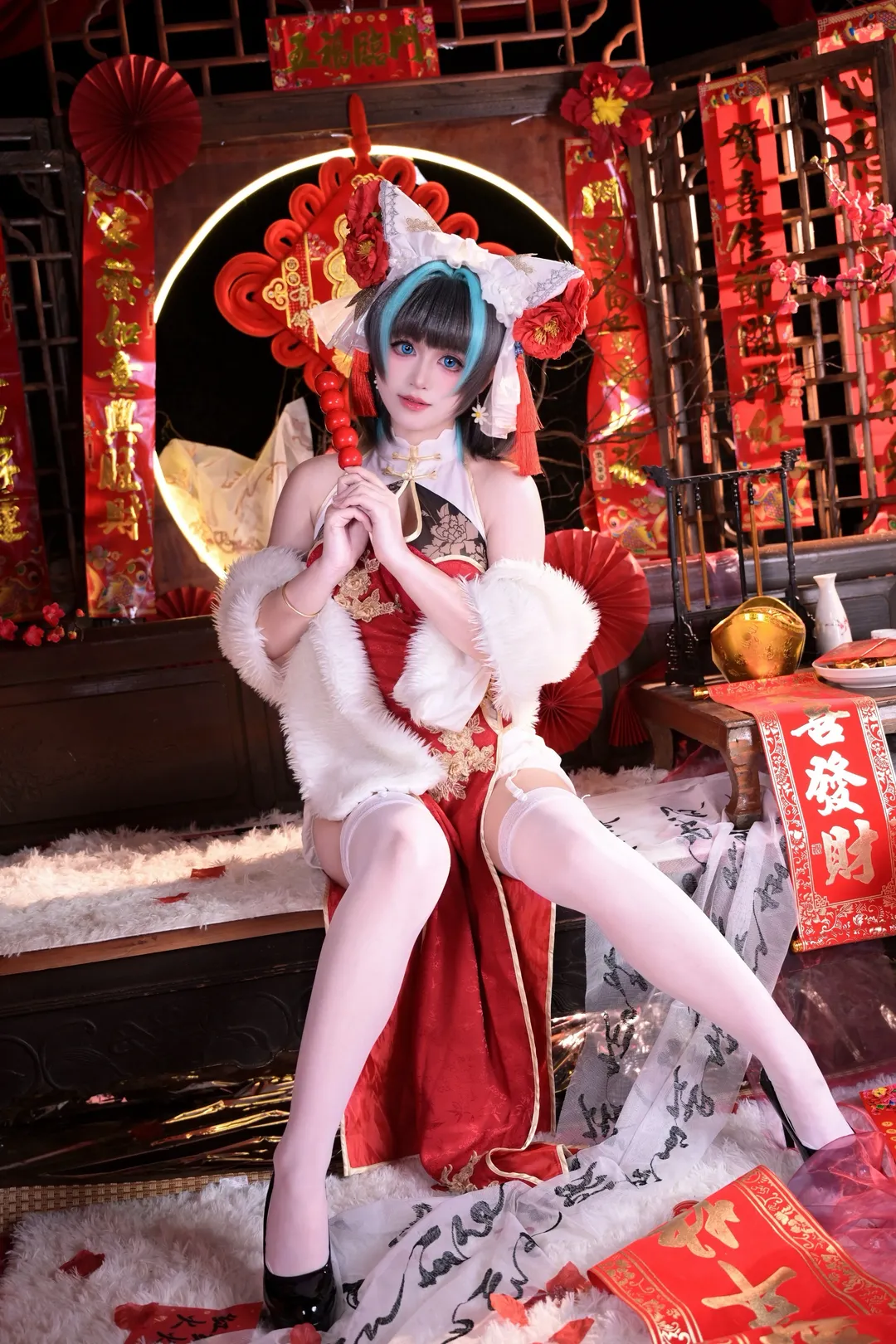 二次元摄影, 柴郡cos, 碧蓝航线, 白丝cosplay, 新春旗袍 - 第3张