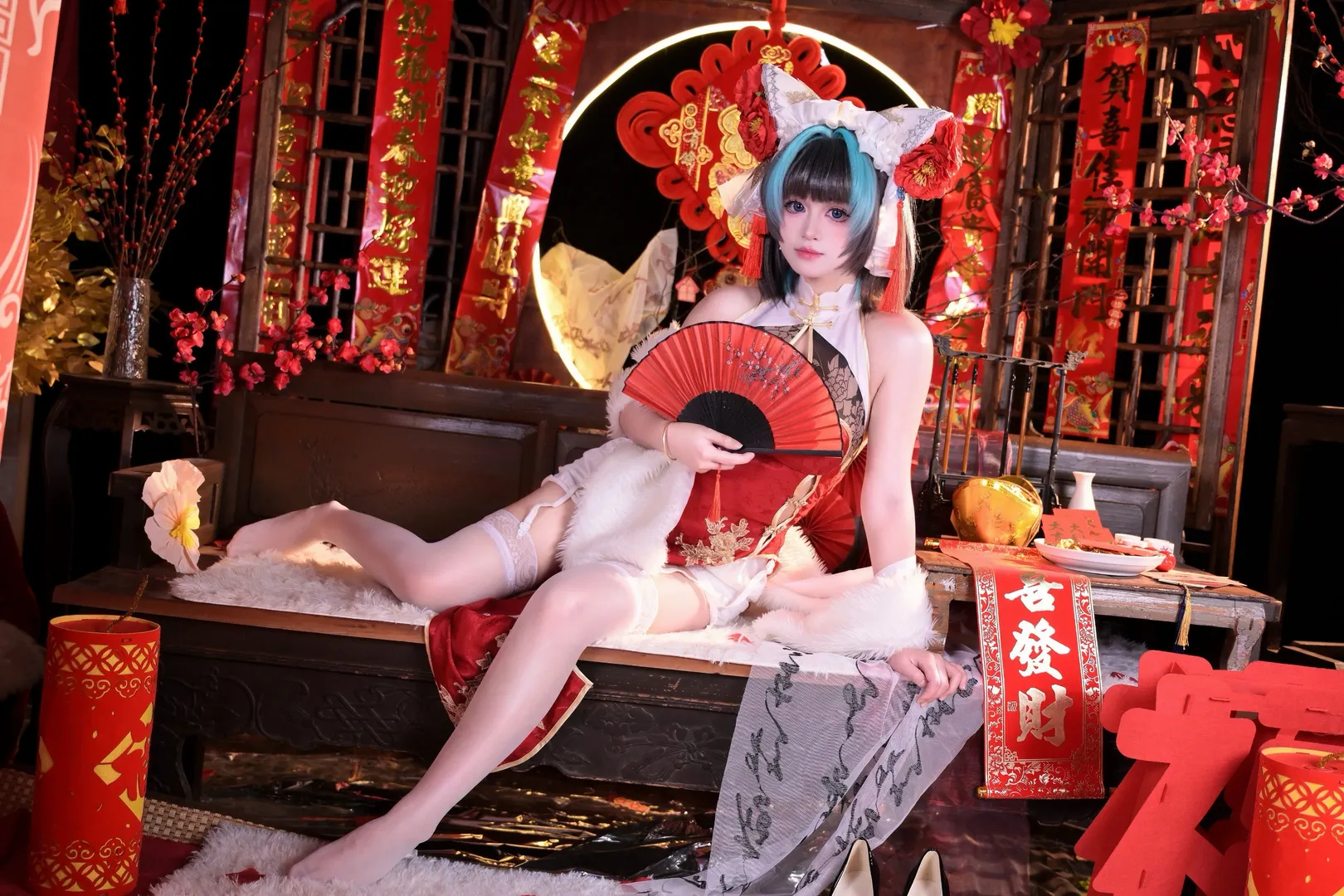 二次元摄影, 柴郡cos, 碧蓝航线, 白丝cosplay, 新春旗袍 - 第4张