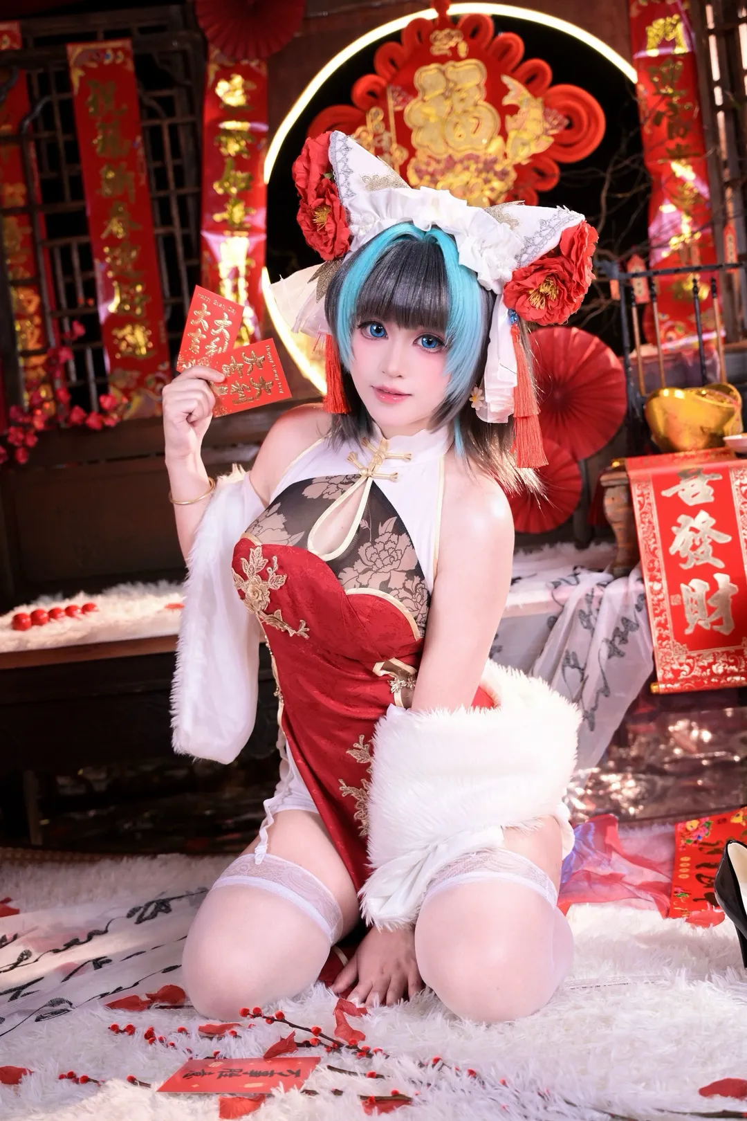 二次元摄影, 柴郡cos, 碧蓝航线, 白丝cosplay, 新春旗袍 - 第5张