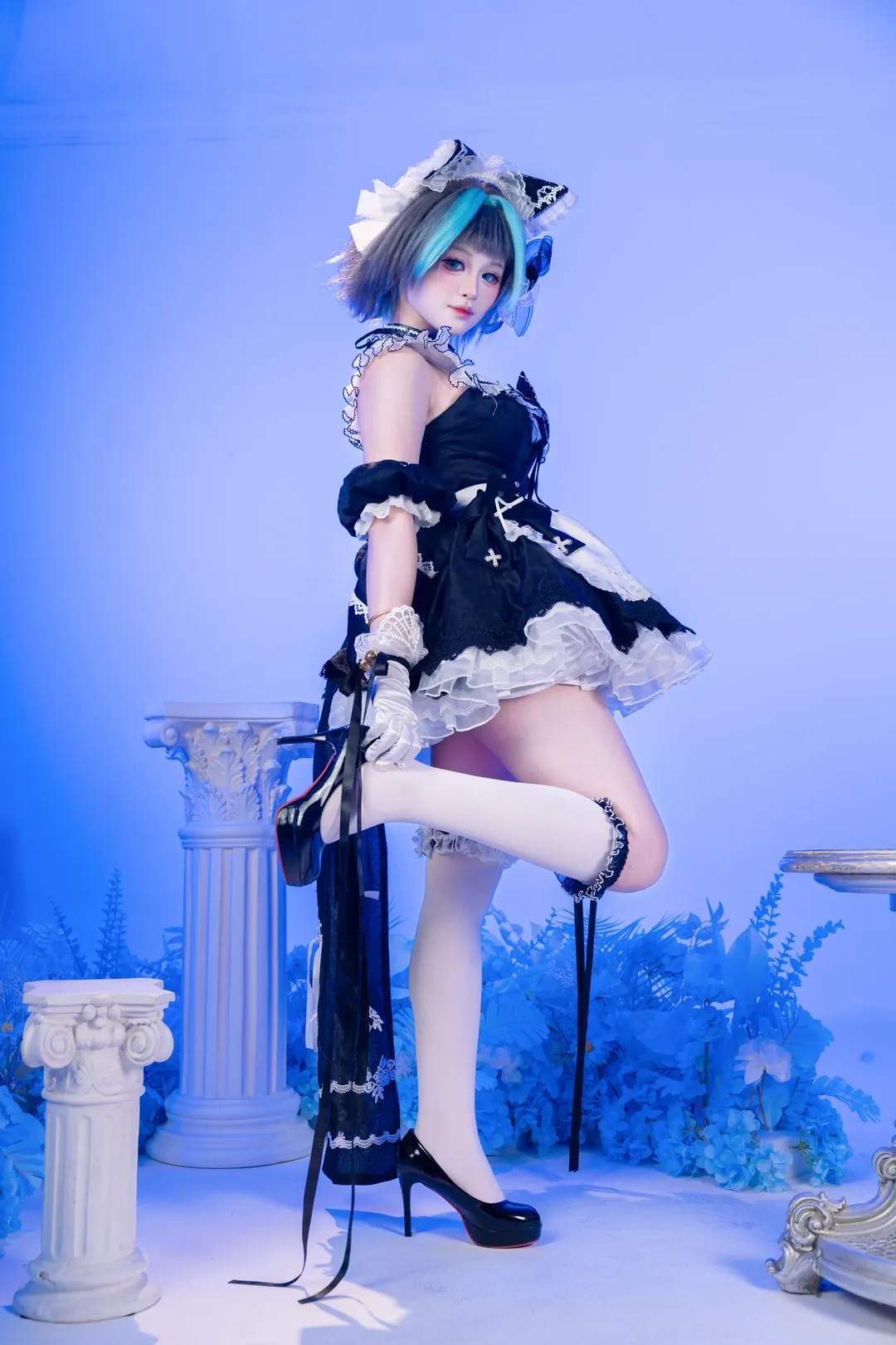 Anime-style photography, Cheshire Cosplay, Azur Lane, Maid outfit, White thigh-highs outfit