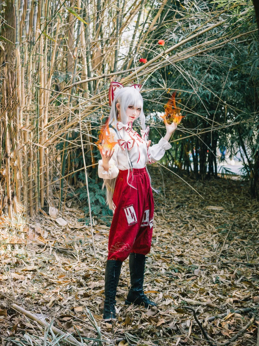 Outdoor photography, Fujiwara no Mokou cosplay, Silver hair, red eyes, Bamboo forest photoshoot, Touhou Project - Image 3