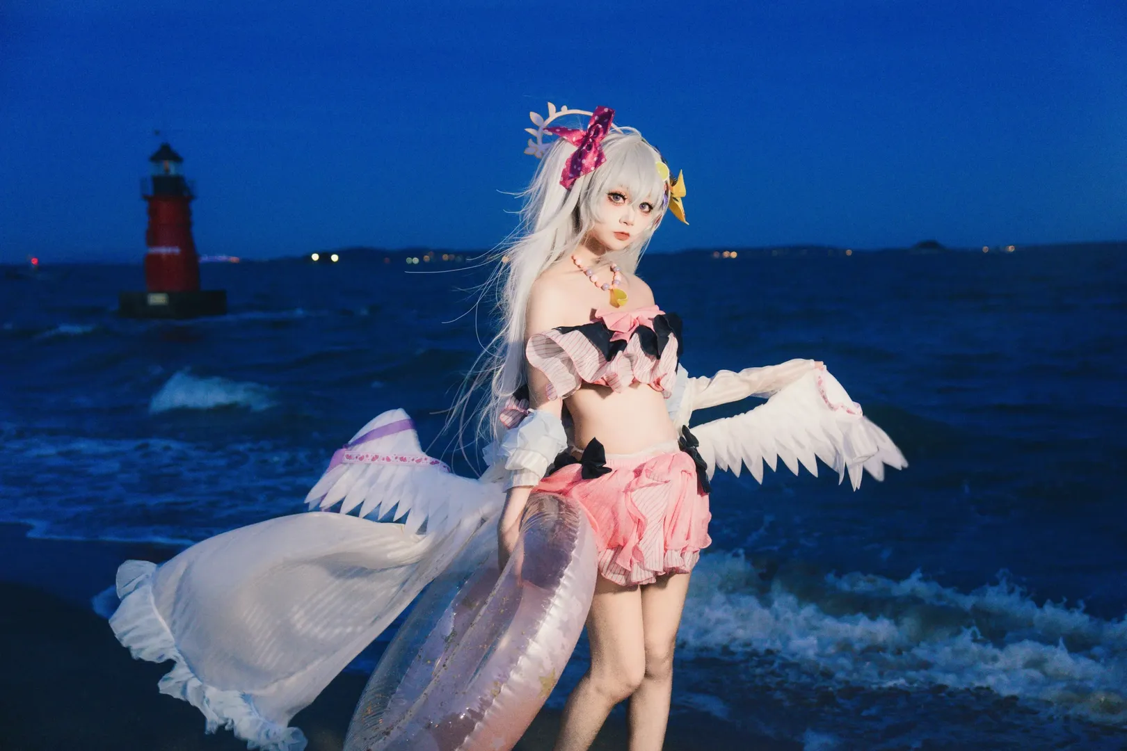 Blue Archive, Shirasu Azusa cosplay, Swimsuit Cosplay, Blue Hour, Seaside night view